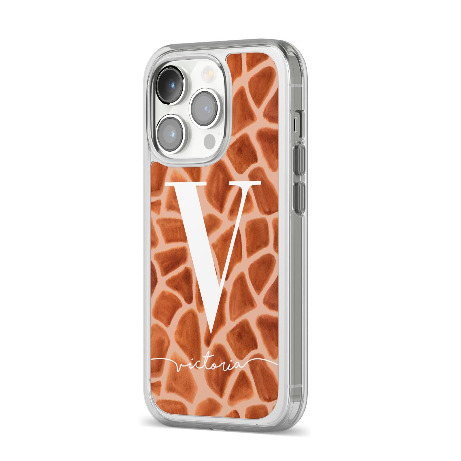 Personalised Giraffe Print iPhone 14 Pro Clear Tough Case Silver Angled Image