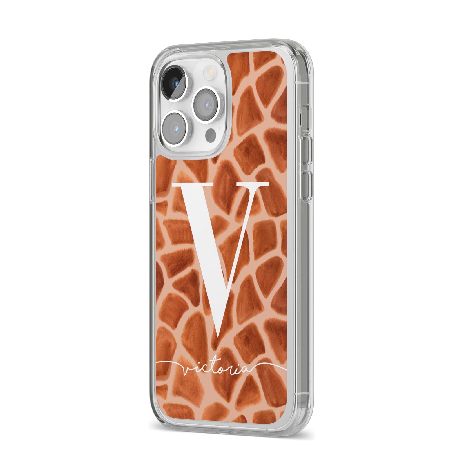 Personalised Giraffe Print iPhone 14 Pro Max Clear Tough Case Silver Angled Image
