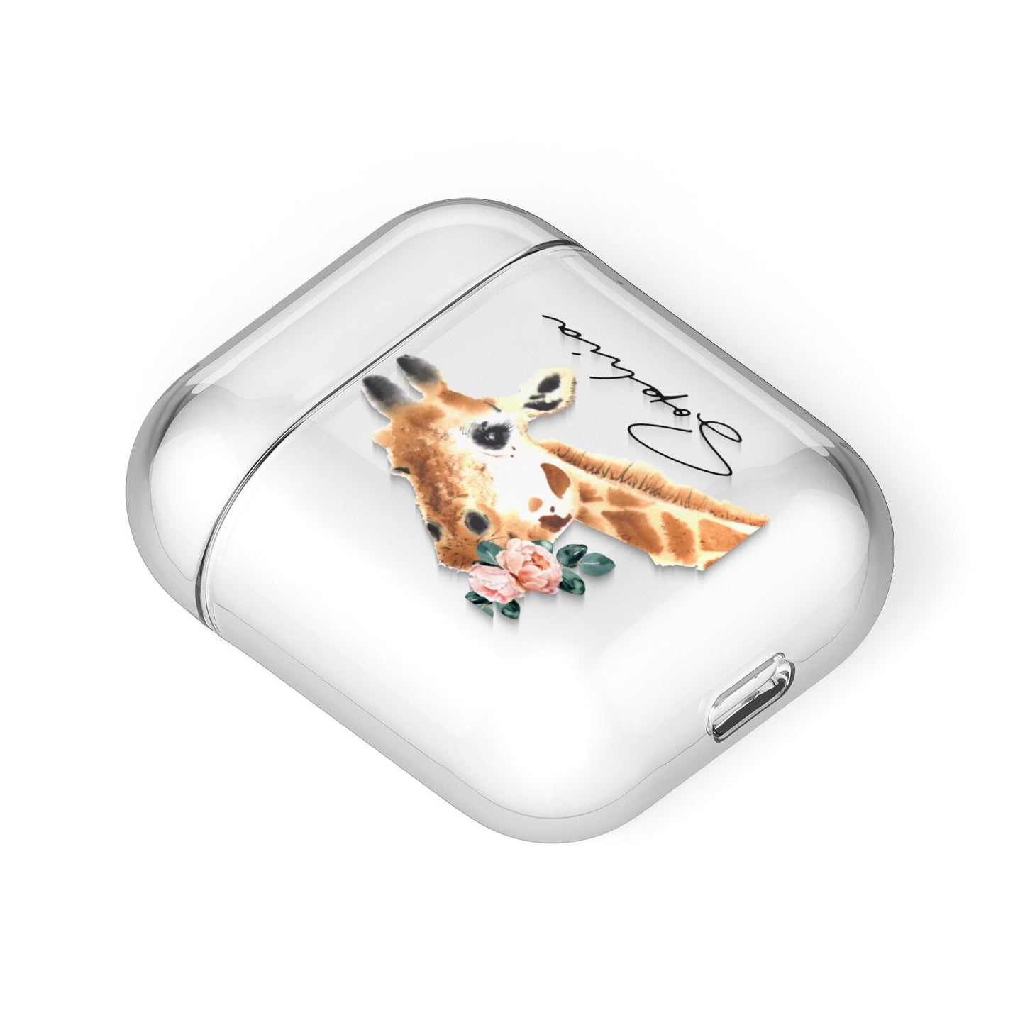 Personalised Giraffe Watercolour AirPods Case Laid Flat