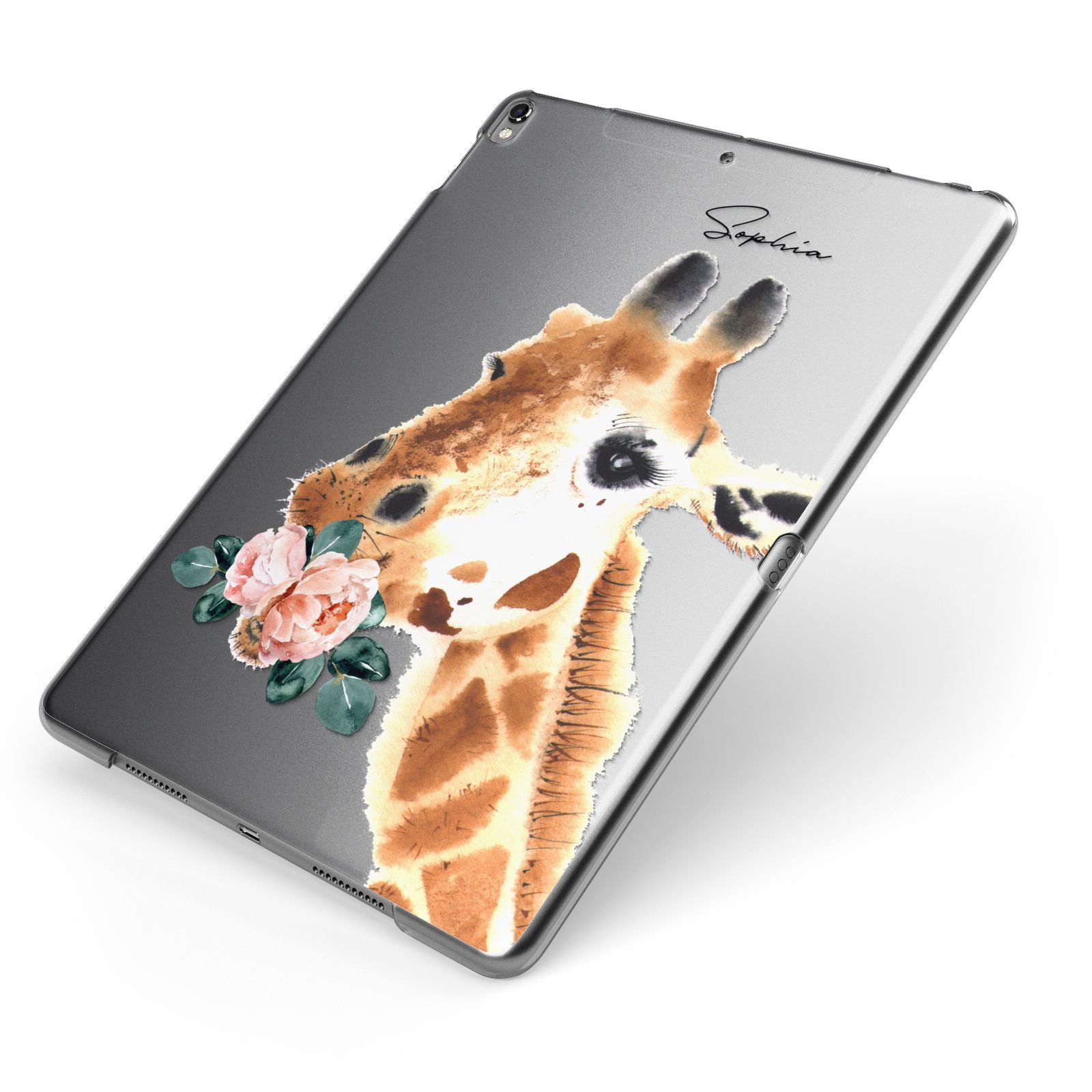Personalised Giraffe Watercolour Apple iPad Case on Grey iPad Side View