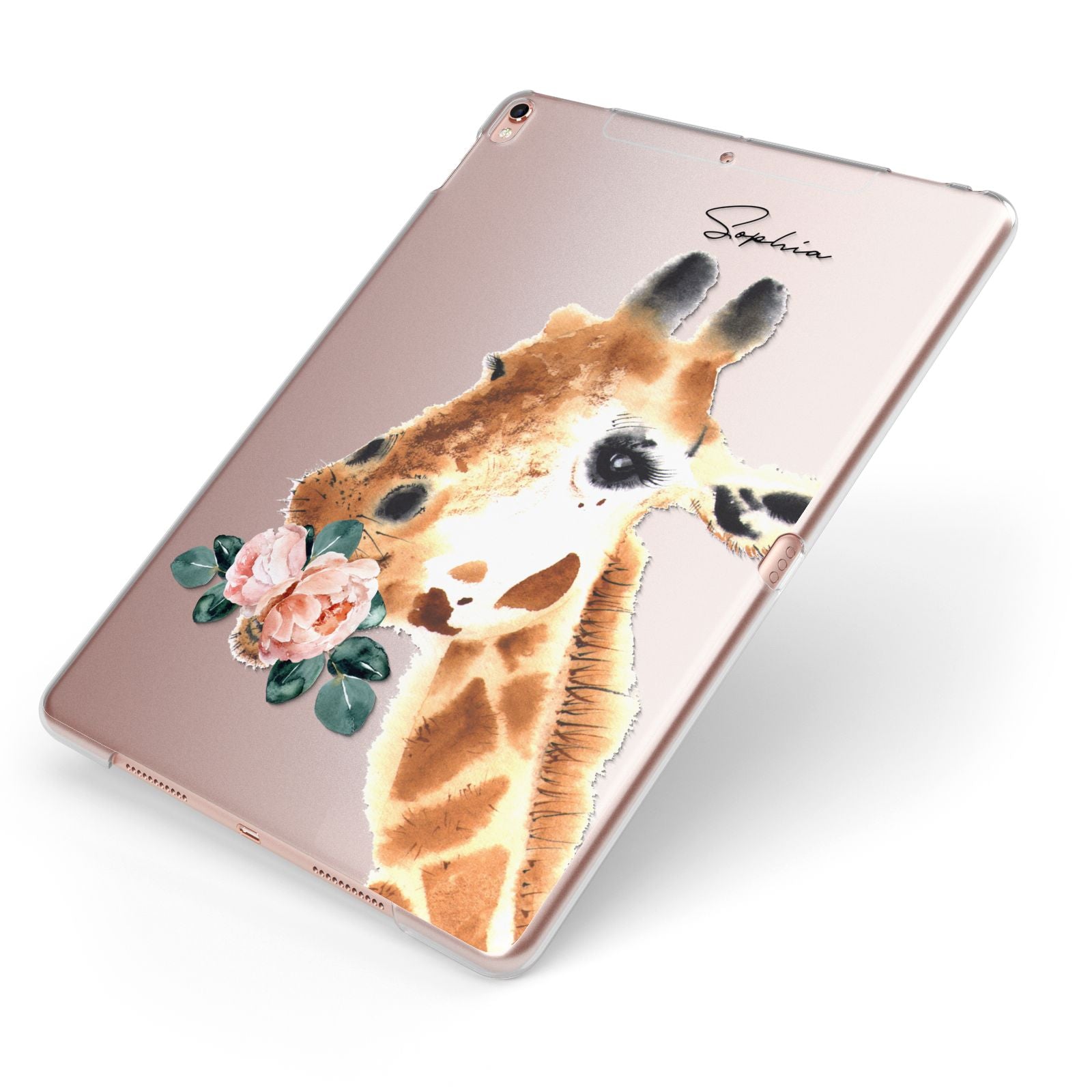 Personalised Giraffe Watercolour Apple iPad Case on Rose Gold iPad Side View