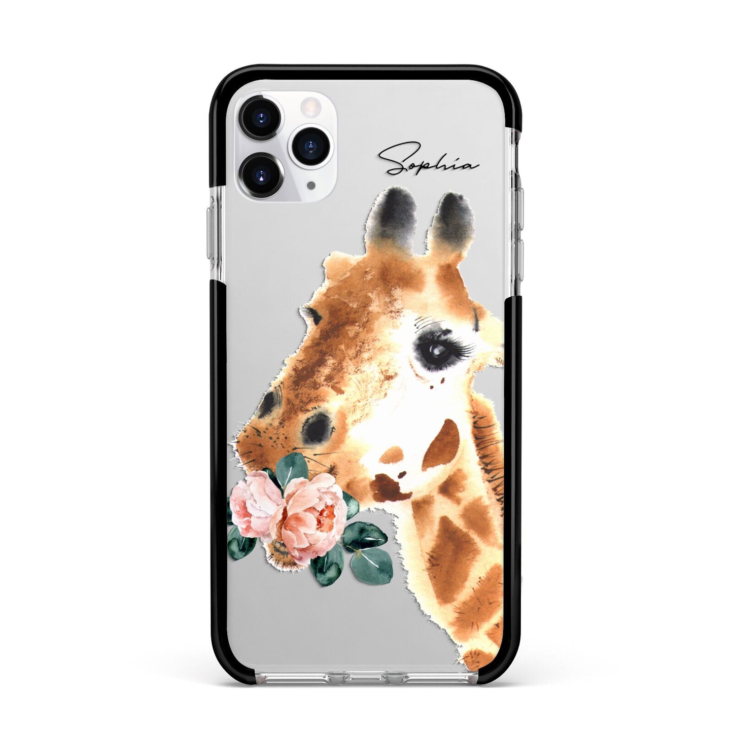 Personalised Giraffe Watercolour Apple iPhone 11 Pro Max in Silver with Black Impact Case