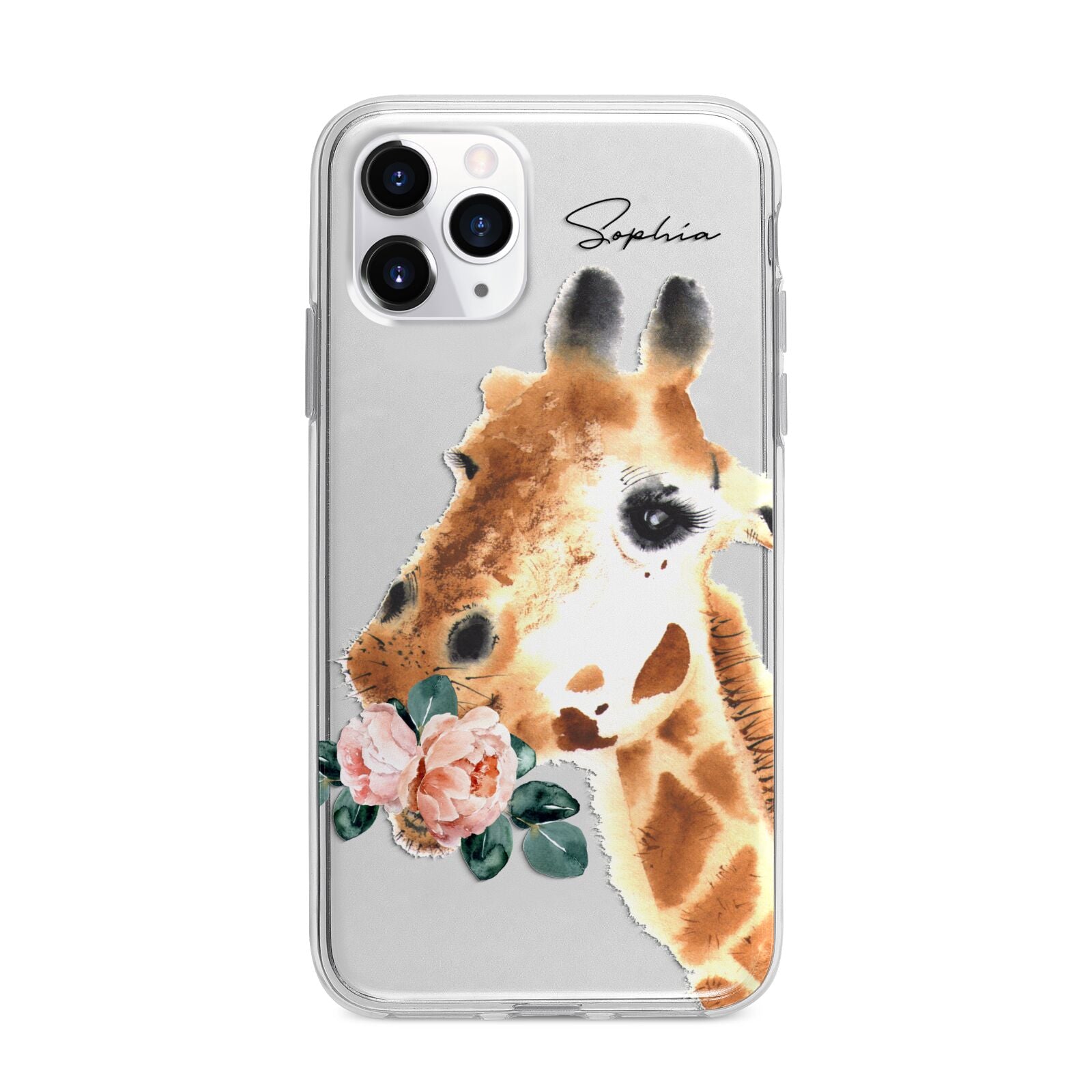 Personalised Giraffe Watercolour Apple iPhone 11 Pro Max in Silver with Bumper Case