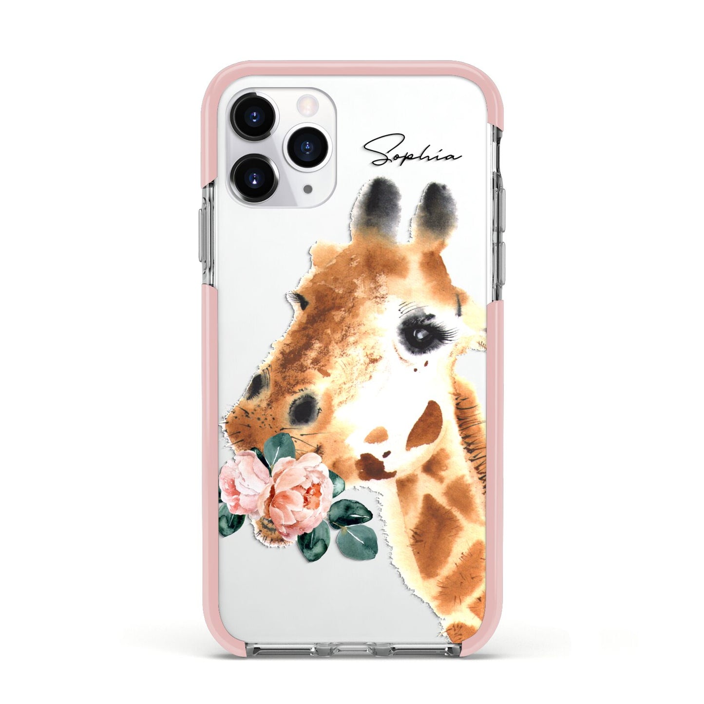 Personalised Giraffe Watercolour Apple iPhone 11 Pro in Silver with Pink Impact Case
