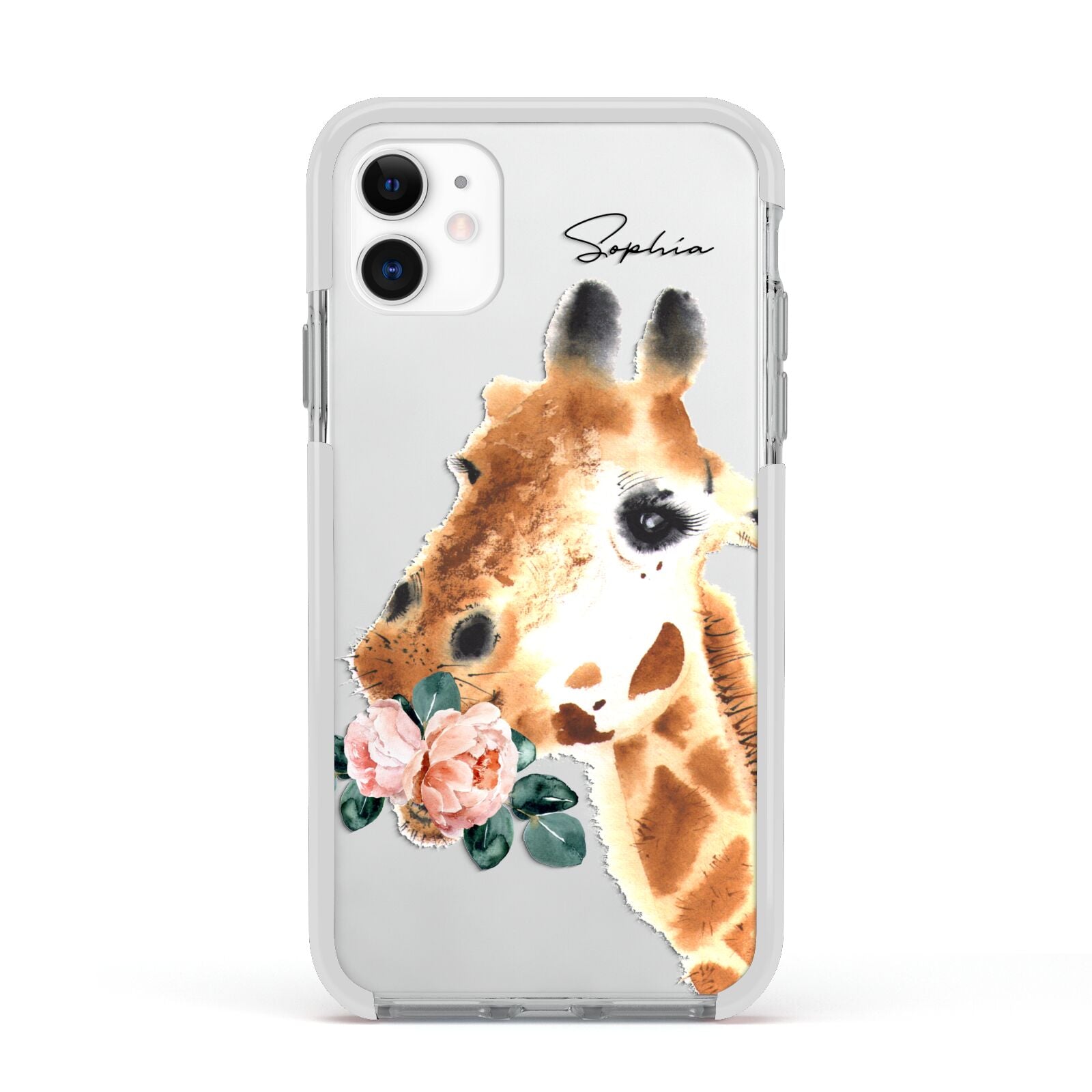 Personalised Giraffe Watercolour Apple iPhone 11 in White with White Impact Case