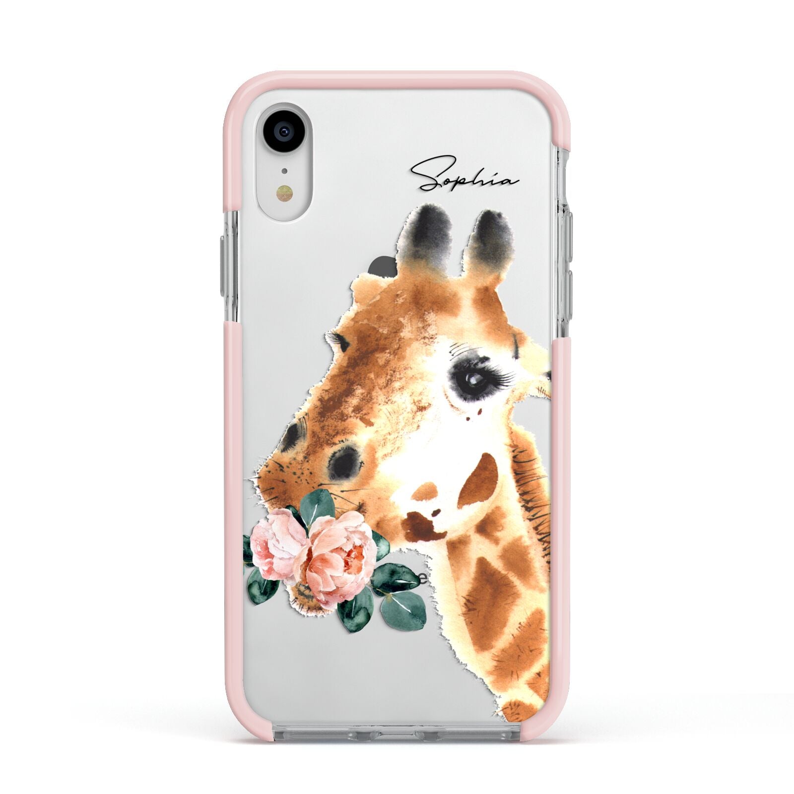 Personalised Giraffe Watercolour Apple iPhone XR Impact Case Pink Edge on Silver Phone