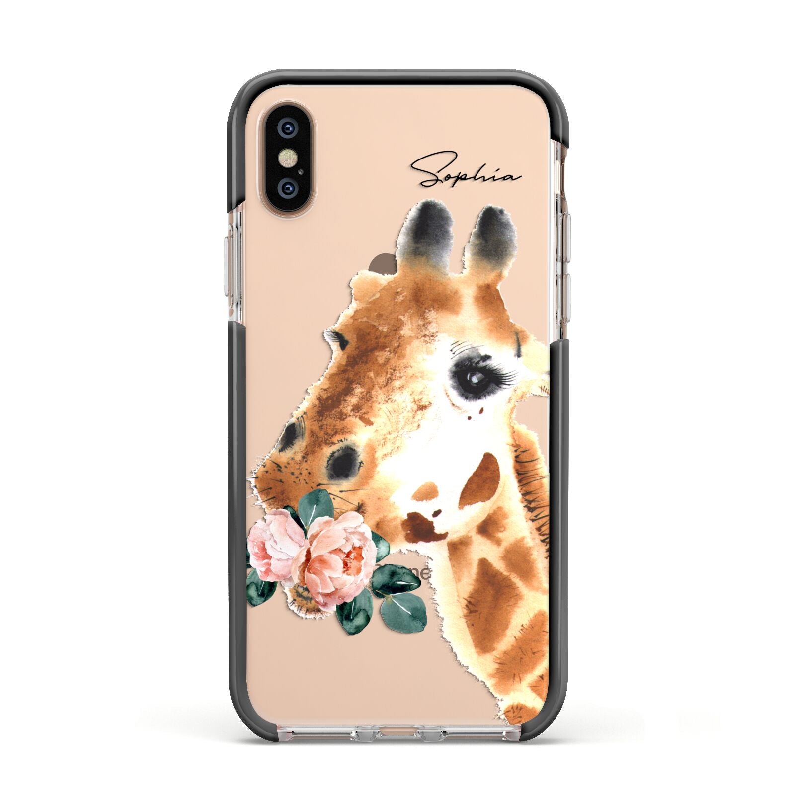 Personalised Giraffe Watercolour Apple iPhone Xs Impact Case Black Edge on Gold Phone
