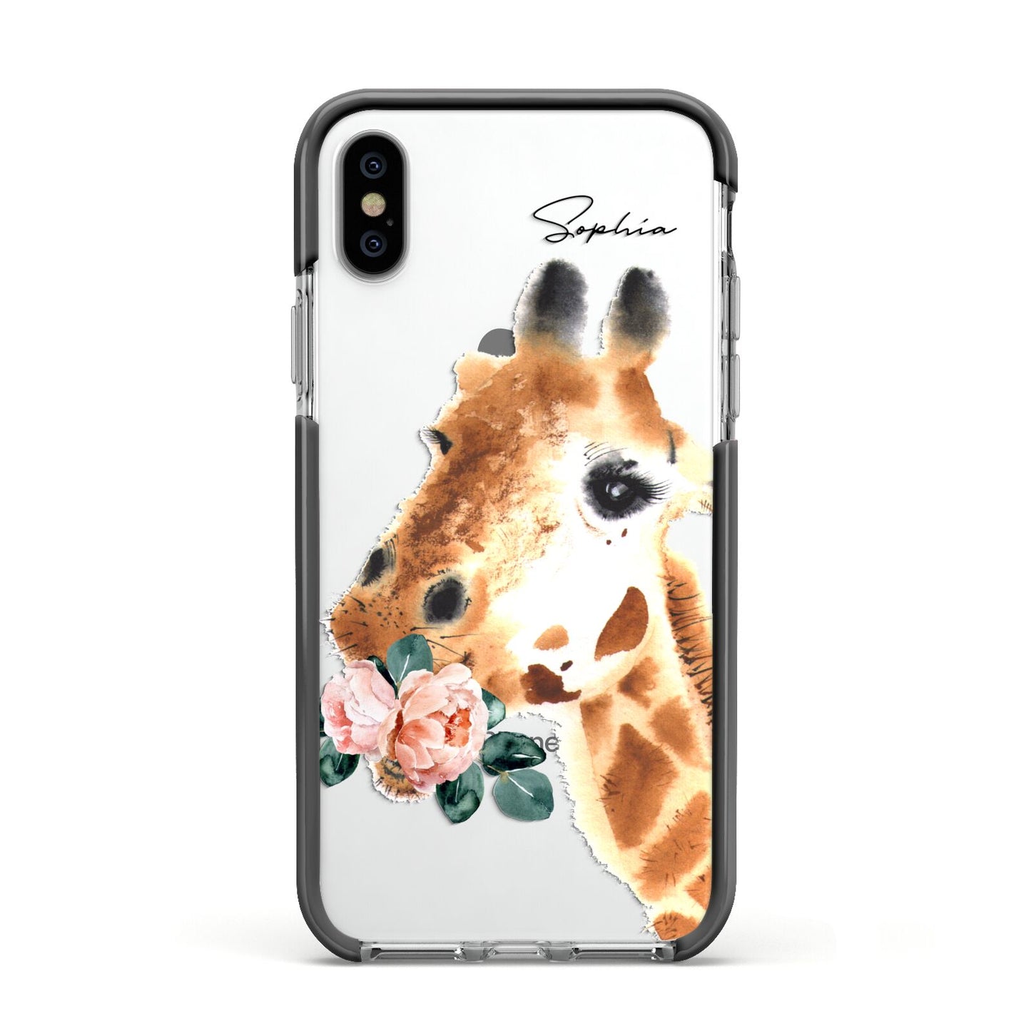 Personalised Giraffe Watercolour Apple iPhone Xs Impact Case Black Edge on Silver Phone