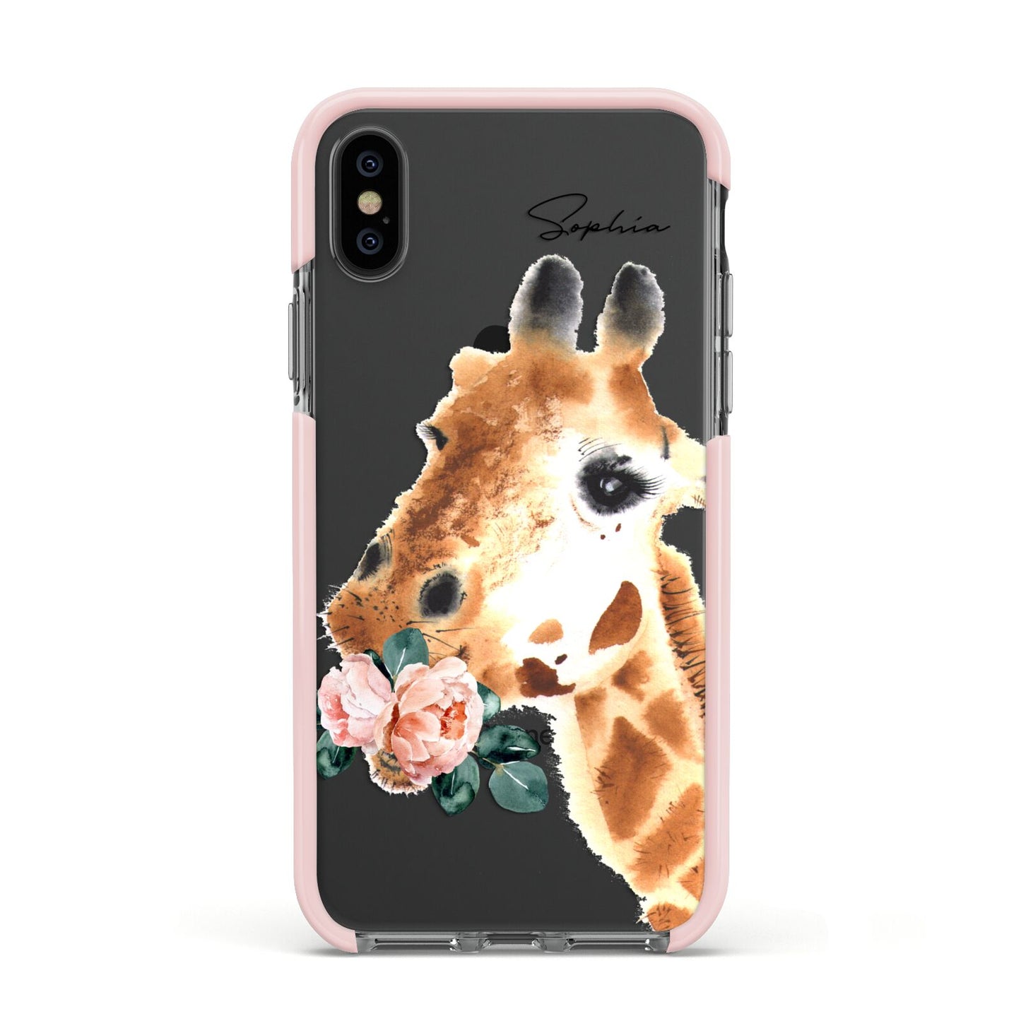 Personalised Giraffe Watercolour Apple iPhone Xs Impact Case Pink Edge on Black Phone