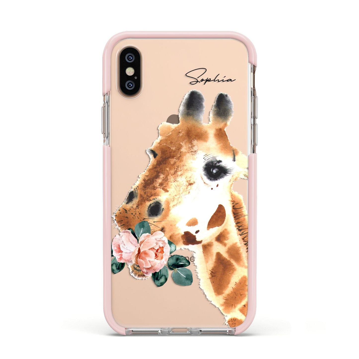 Personalised Giraffe Watercolour Apple iPhone Xs Impact Case Pink Edge on Gold Phone