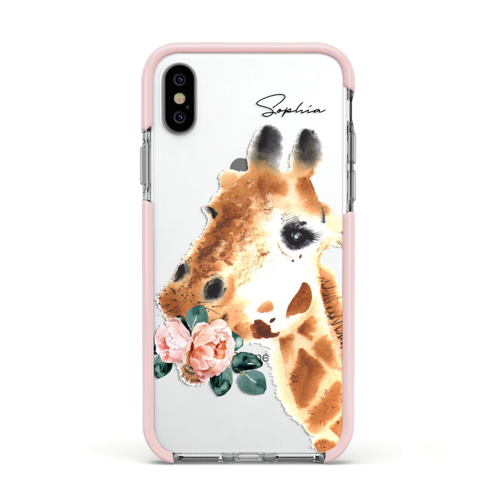 Personalised Giraffe Watercolour Apple iPhone Xs Impact Case Pink Edge on Silver Phone
