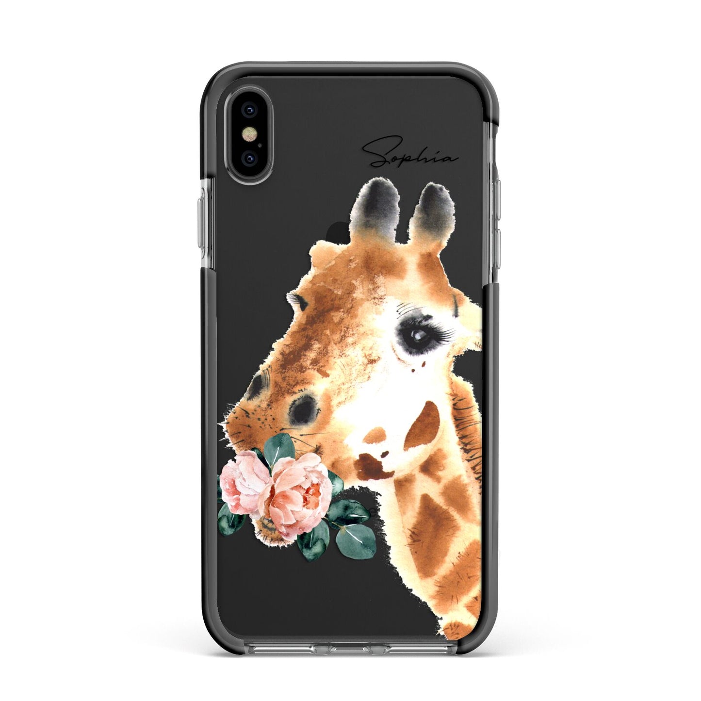 Personalised Giraffe Watercolour Apple iPhone Xs Max Impact Case Black Edge on Black Phone