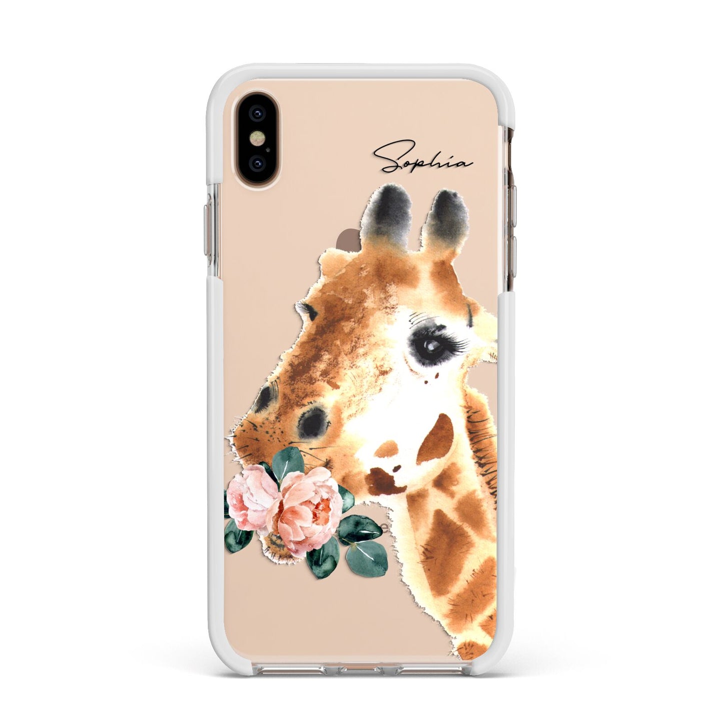 Personalised Giraffe Watercolour Apple iPhone Xs Max Impact Case White Edge on Gold Phone