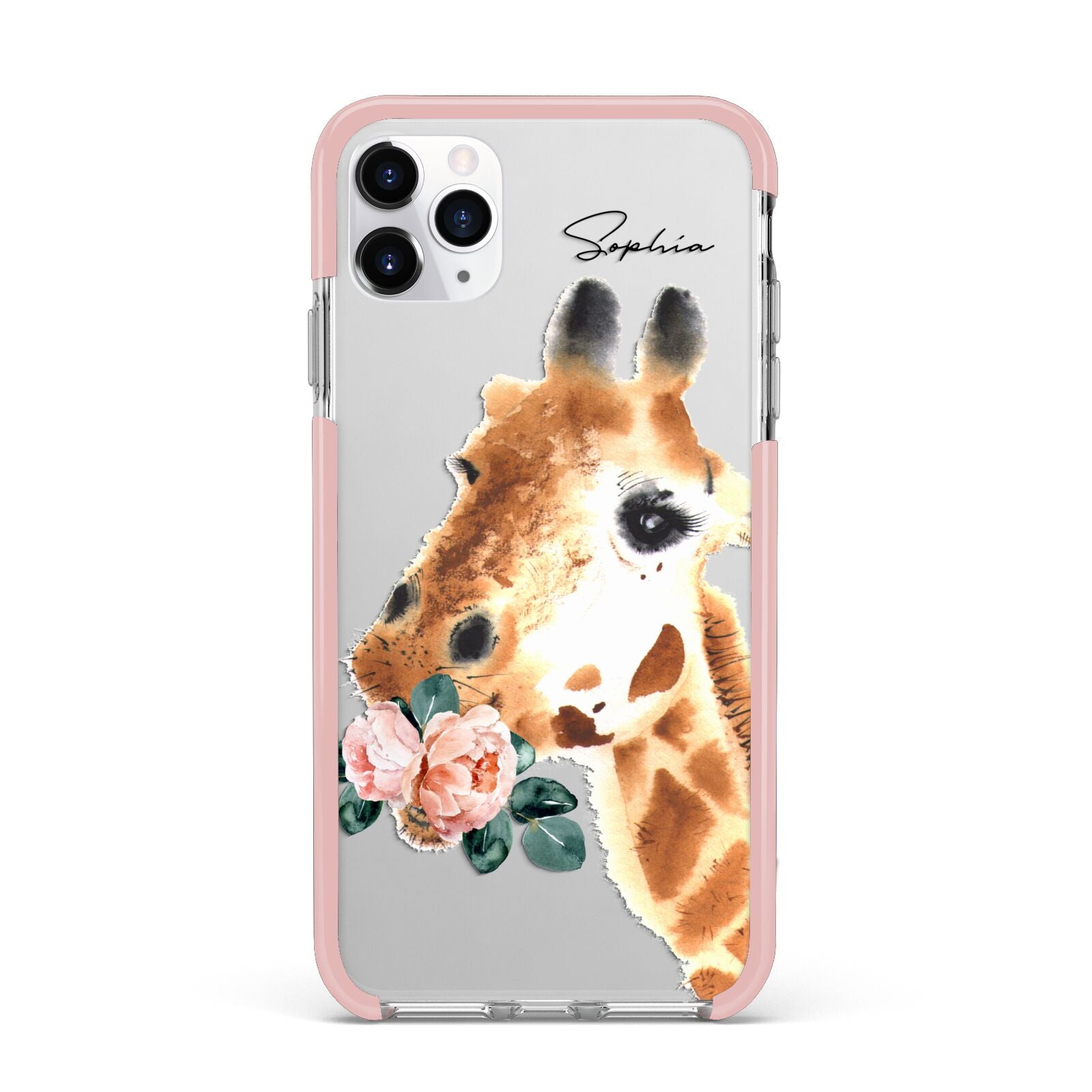 Personalised Giraffe Watercolour iPhone 11 Pro Max Impact Pink Edge Case
