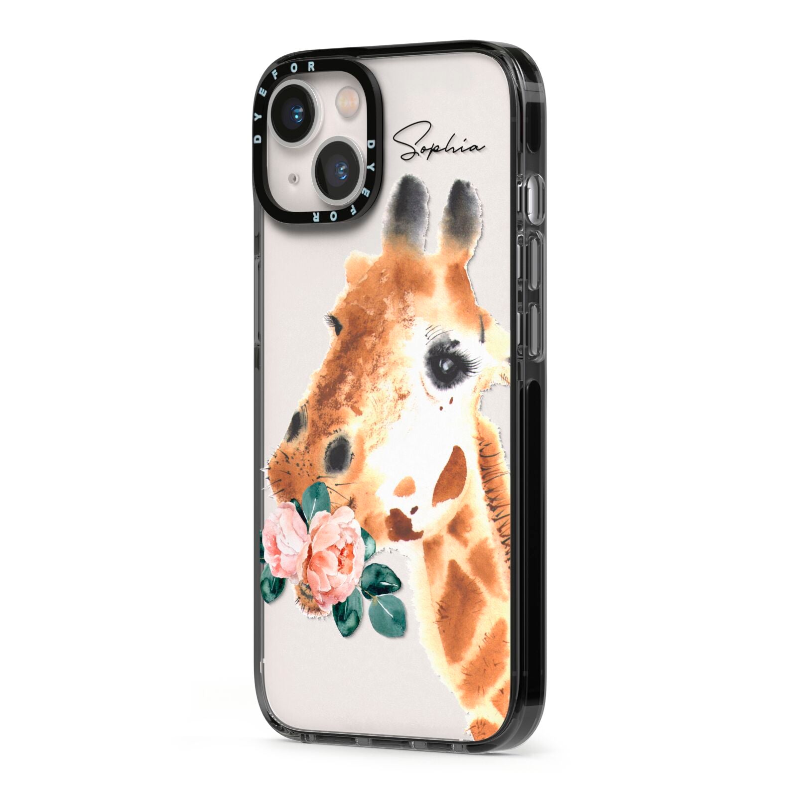 Personalised Giraffe Watercolour iPhone 13 Black Impact Case Side Angle on Silver phone