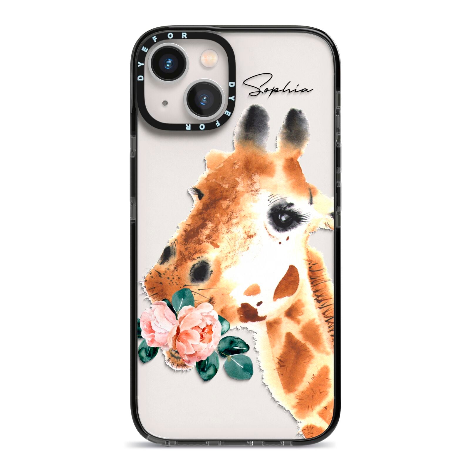 Personalised Giraffe Watercolour iPhone 13 Black Impact Case on Silver phone