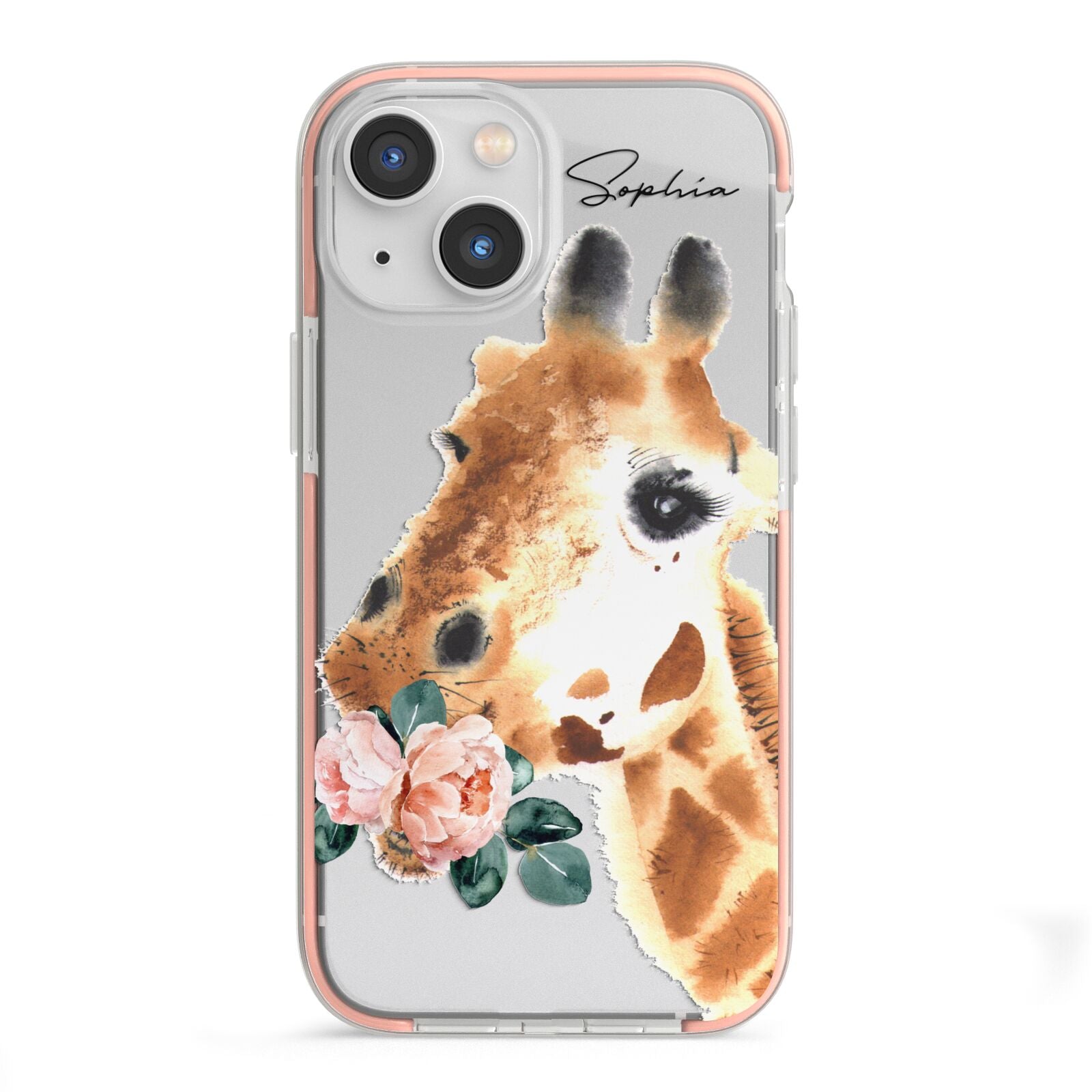 Personalised Giraffe Watercolour iPhone 13 Mini TPU Impact Case with Pink Edges