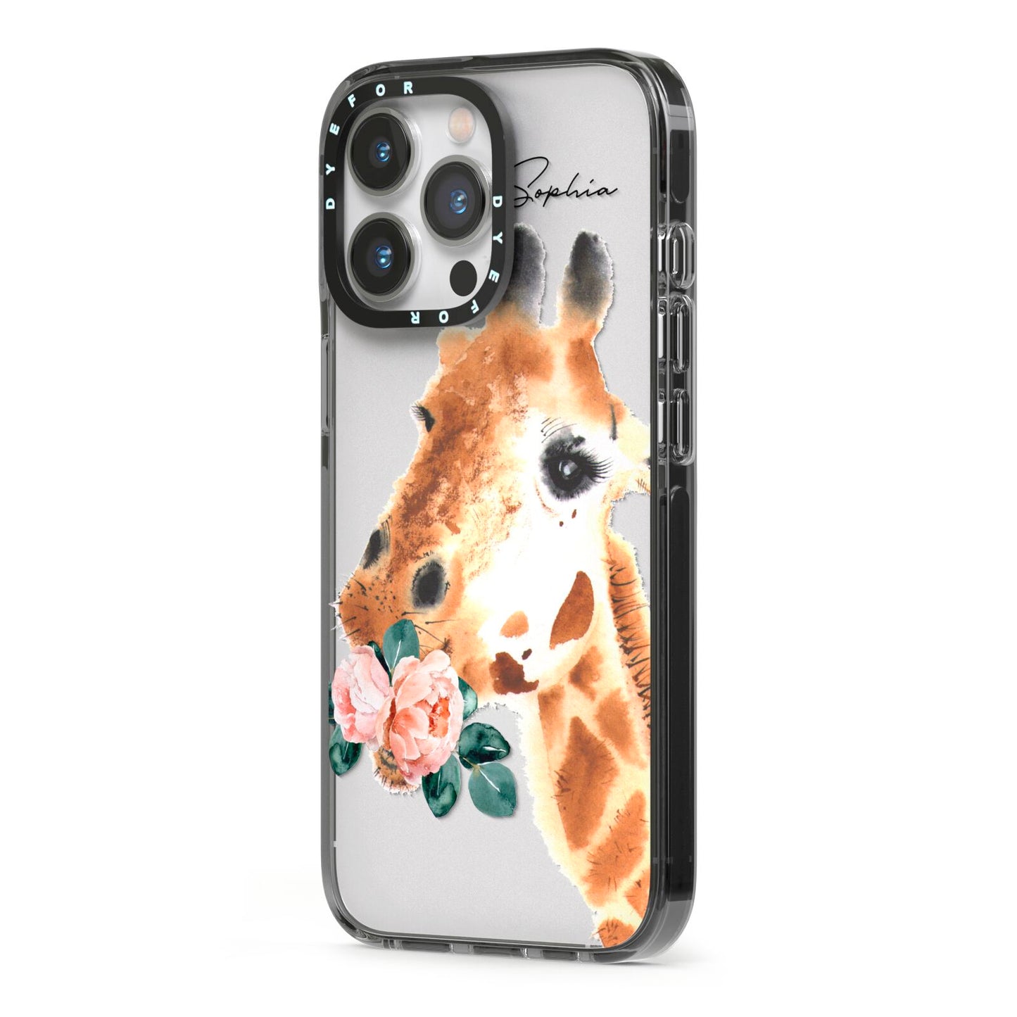 Personalised Giraffe Watercolour iPhone 13 Pro Black Impact Case Side Angle on Silver phone