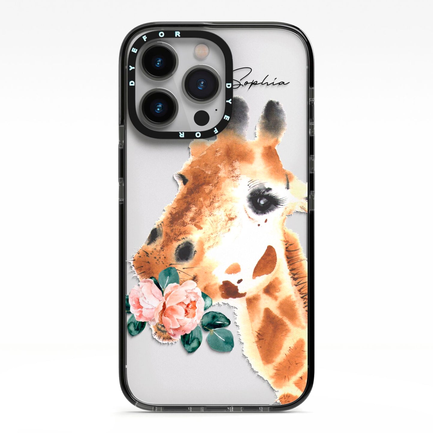 Personalised Giraffe Watercolour iPhone 13 Pro Black Impact Case on Silver phone