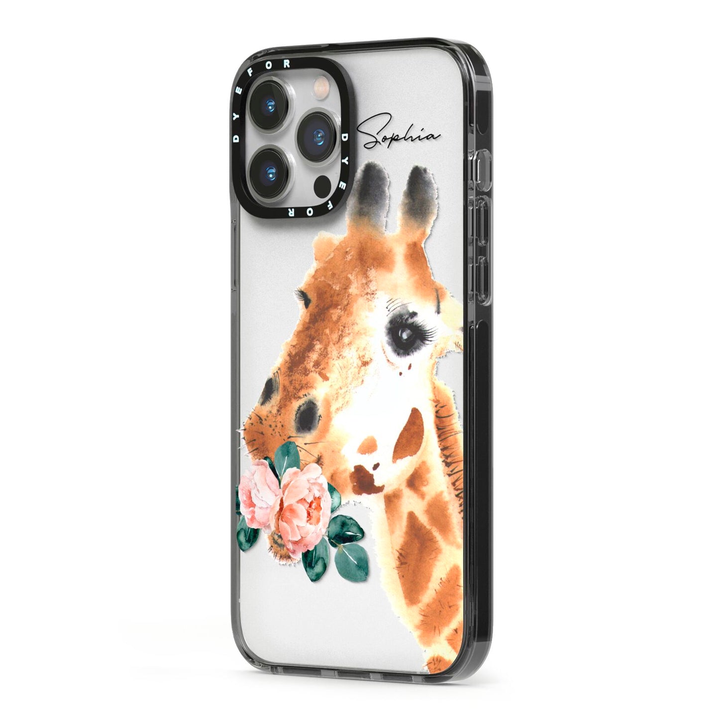 Personalised Giraffe Watercolour iPhone 13 Pro Max Black Impact Case Side Angle on Silver phone