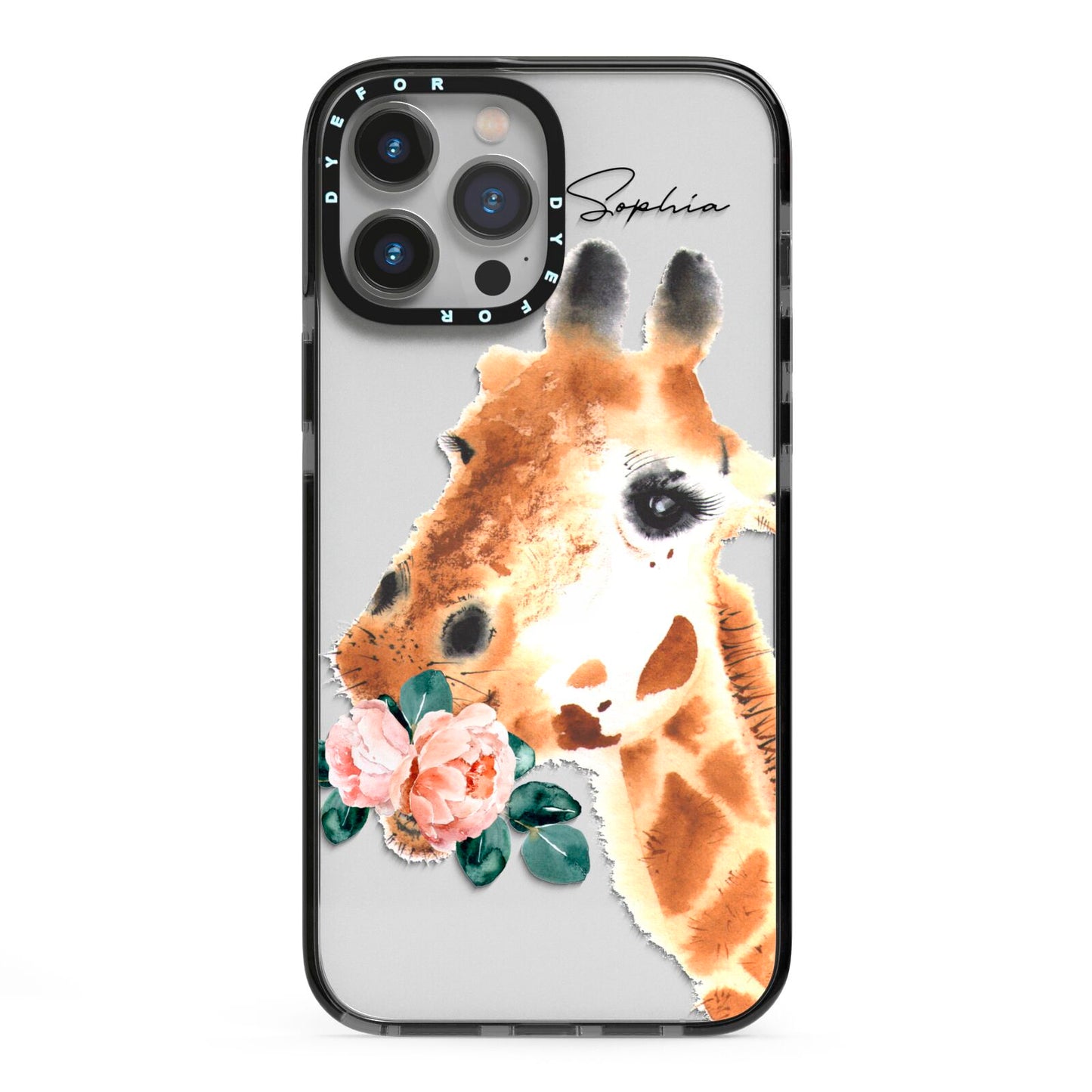 Personalised Giraffe Watercolour iPhone 13 Pro Max Black Impact Case on Silver phone
