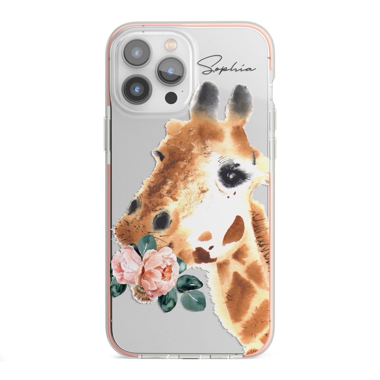 Personalised Giraffe Watercolour iPhone 13 Pro Max TPU Impact Case with Pink Edges