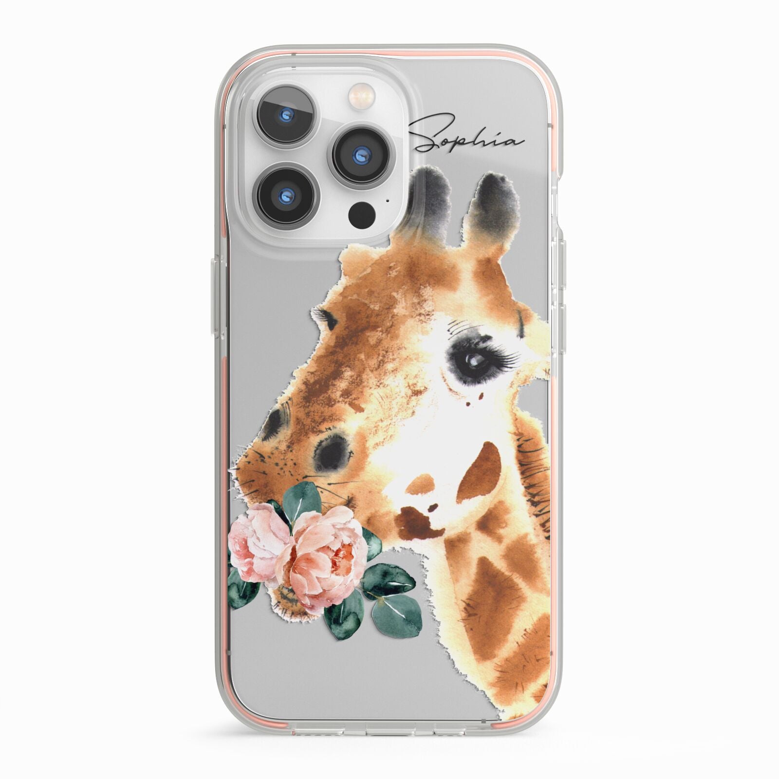 Personalised Giraffe Watercolour iPhone 13 Pro TPU Impact Case with Pink Edges