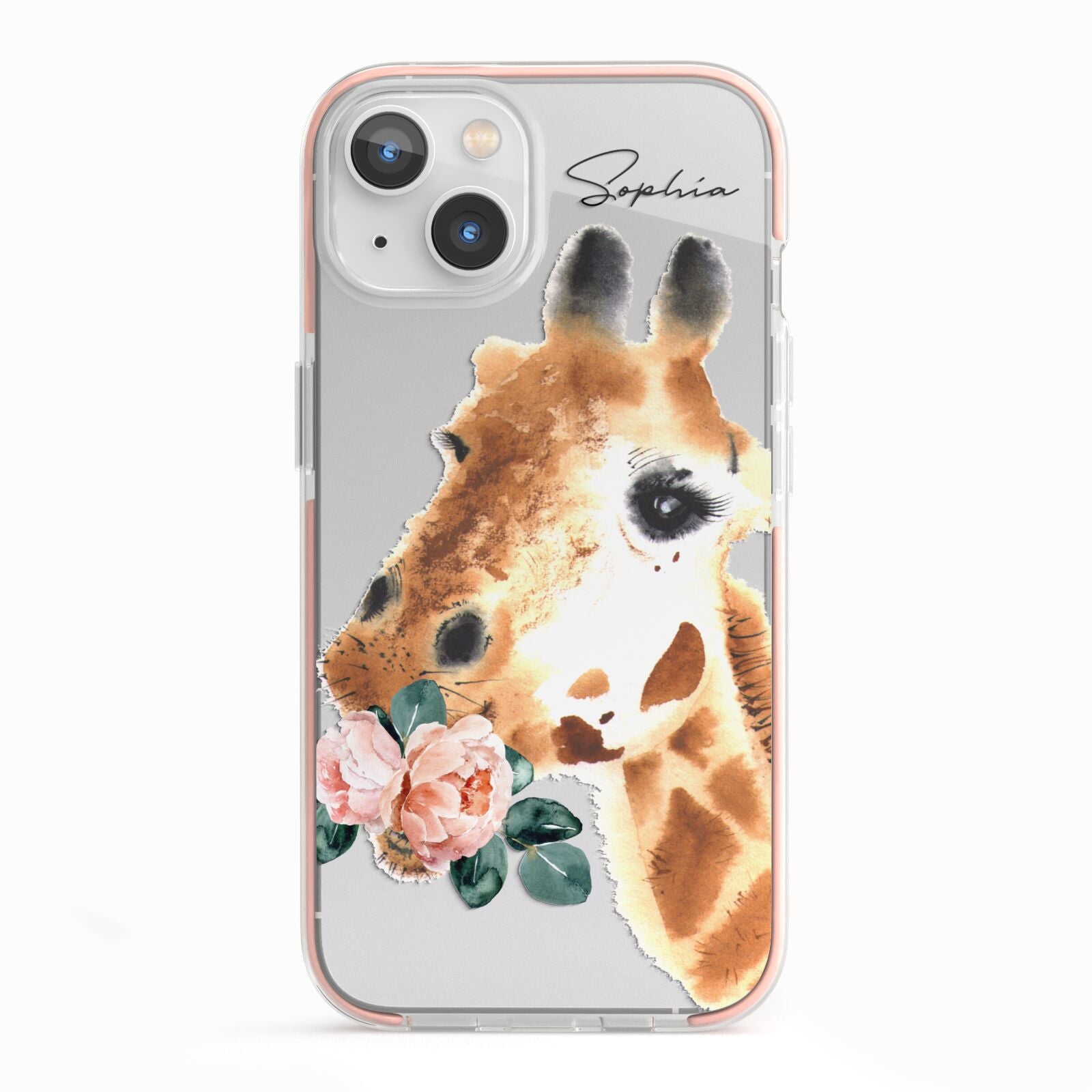 Personalised Giraffe Watercolour iPhone 13 TPU Impact Case with Pink Edges