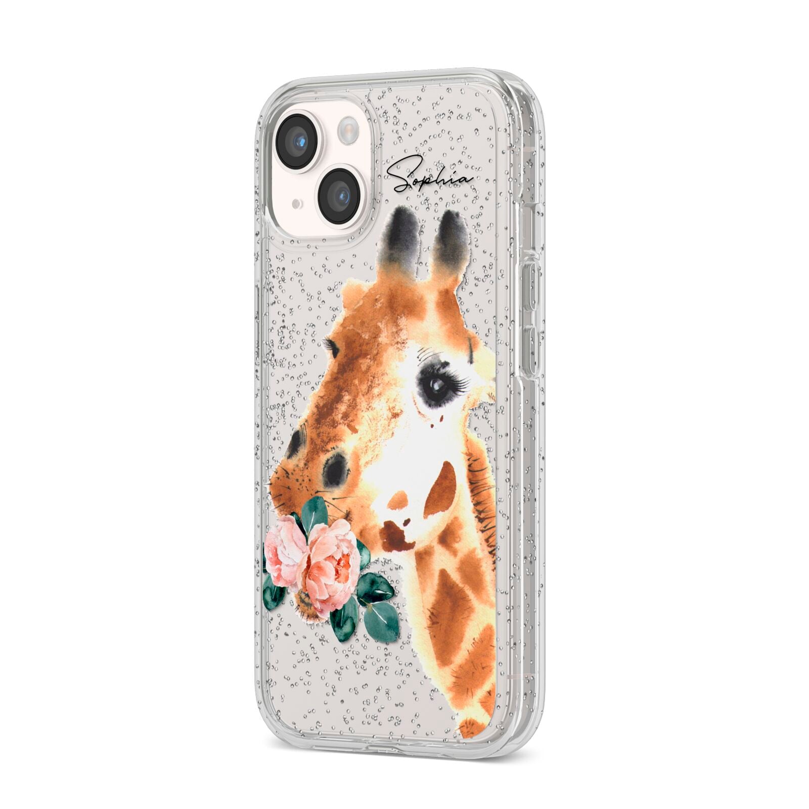 Personalised Giraffe Watercolour iPhone 14 Glitter Tough Case Starlight Angled Image