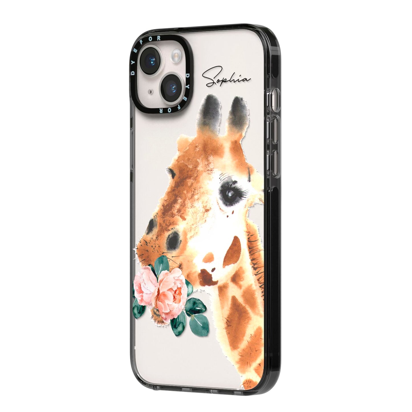 Personalised Giraffe Watercolour iPhone 14 Plus Black Impact Case Side Angle on Silver phone
