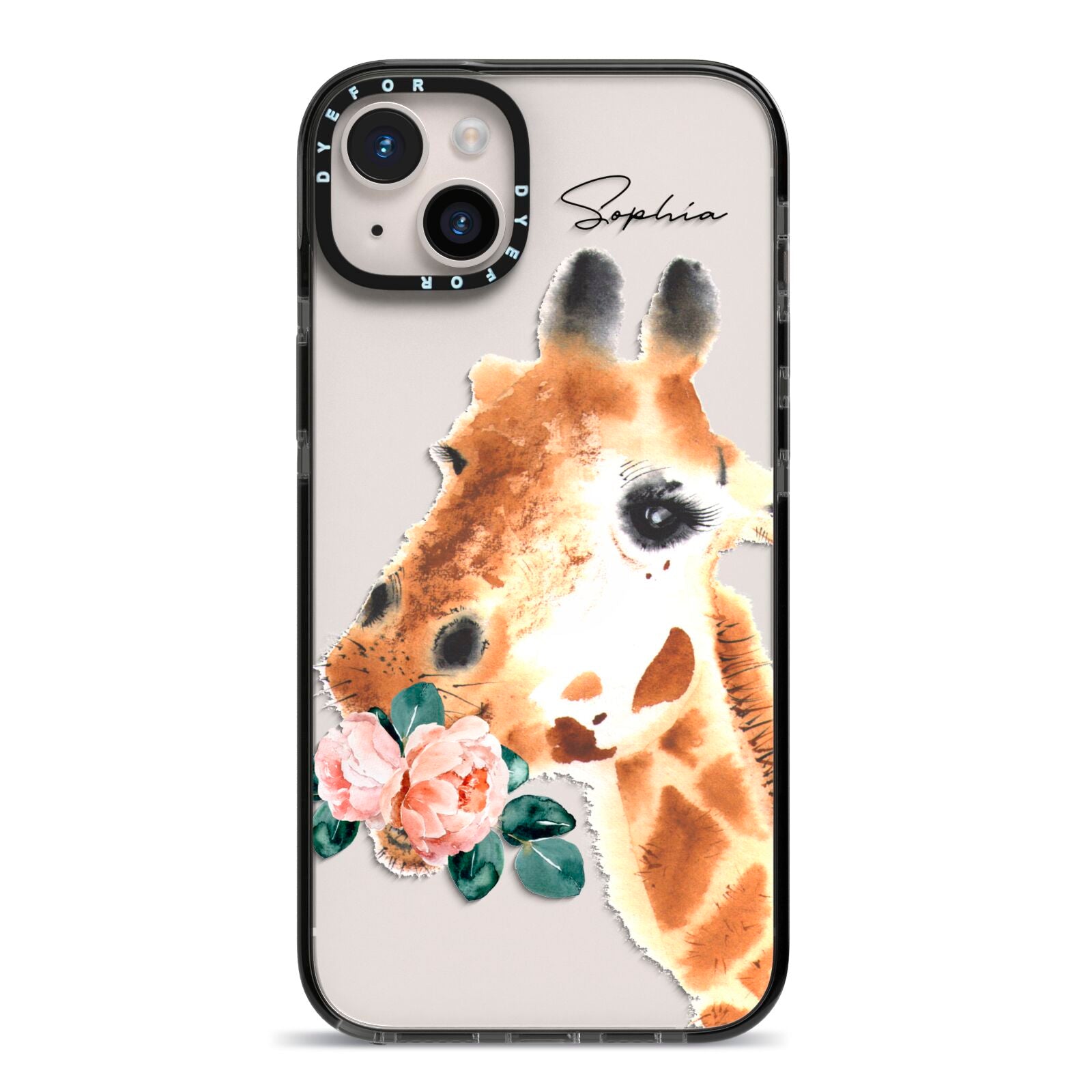 Personalised Giraffe Watercolour iPhone 14 Plus Black Impact Case on Silver phone