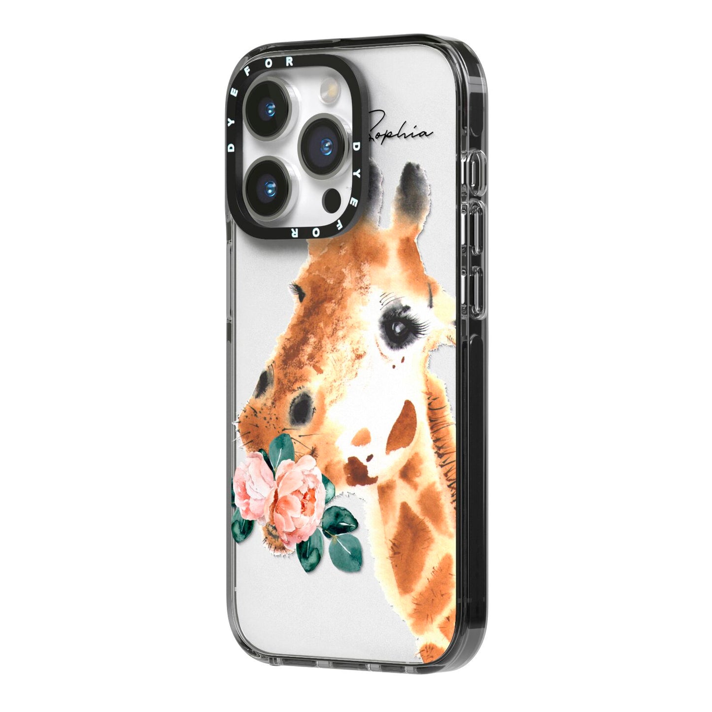 Personalised Giraffe Watercolour iPhone 14 Pro Black Impact Case Side Angle on Silver phone