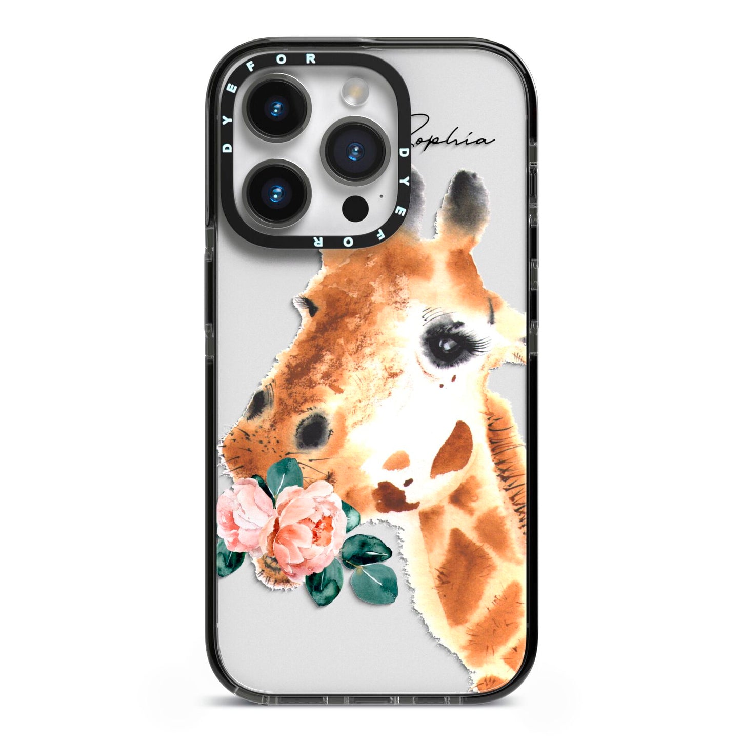 Personalised Giraffe Watercolour iPhone 14 Pro Black Impact Case on Silver phone