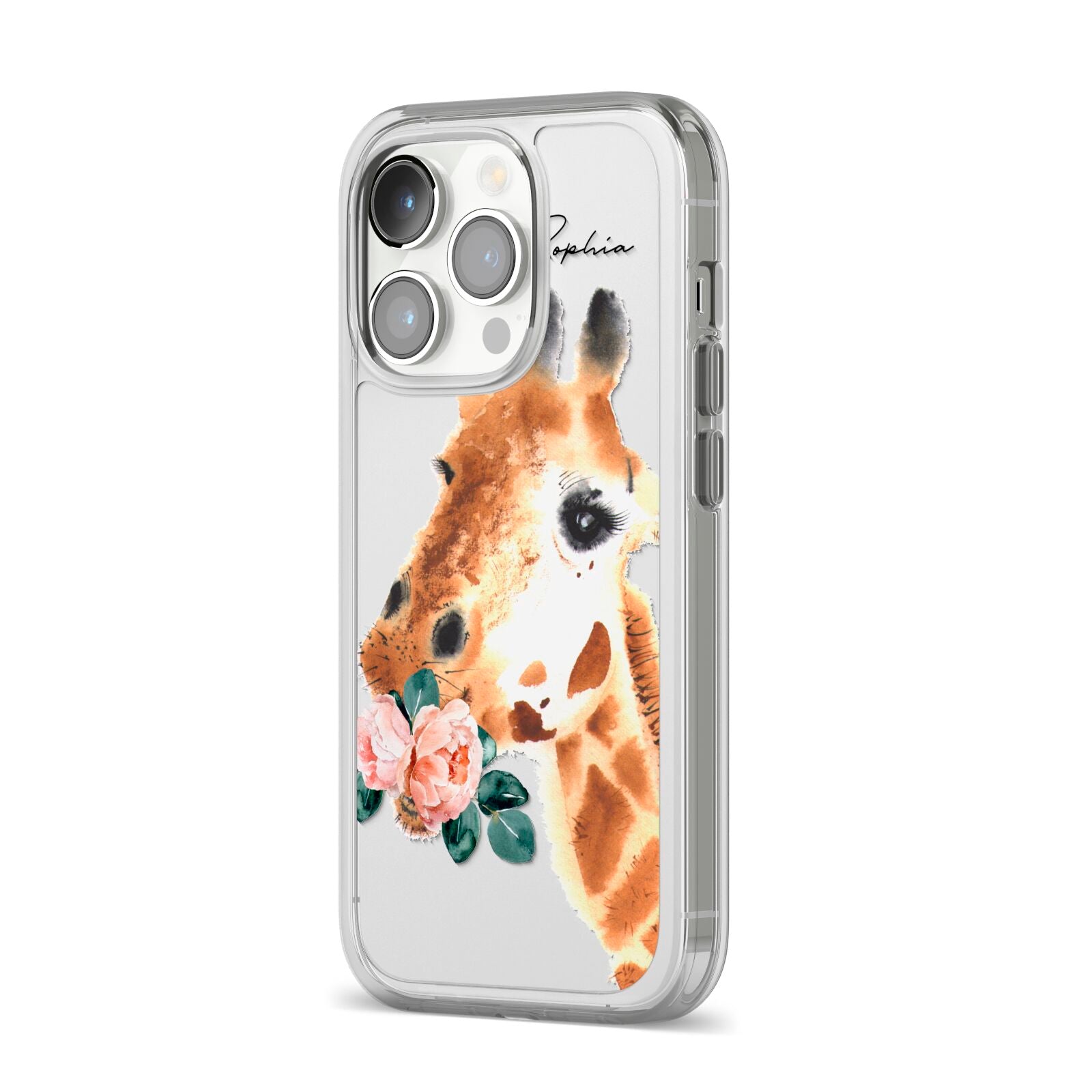 Personalised Giraffe Watercolour iPhone 14 Pro Clear Tough Case Silver Angled Image