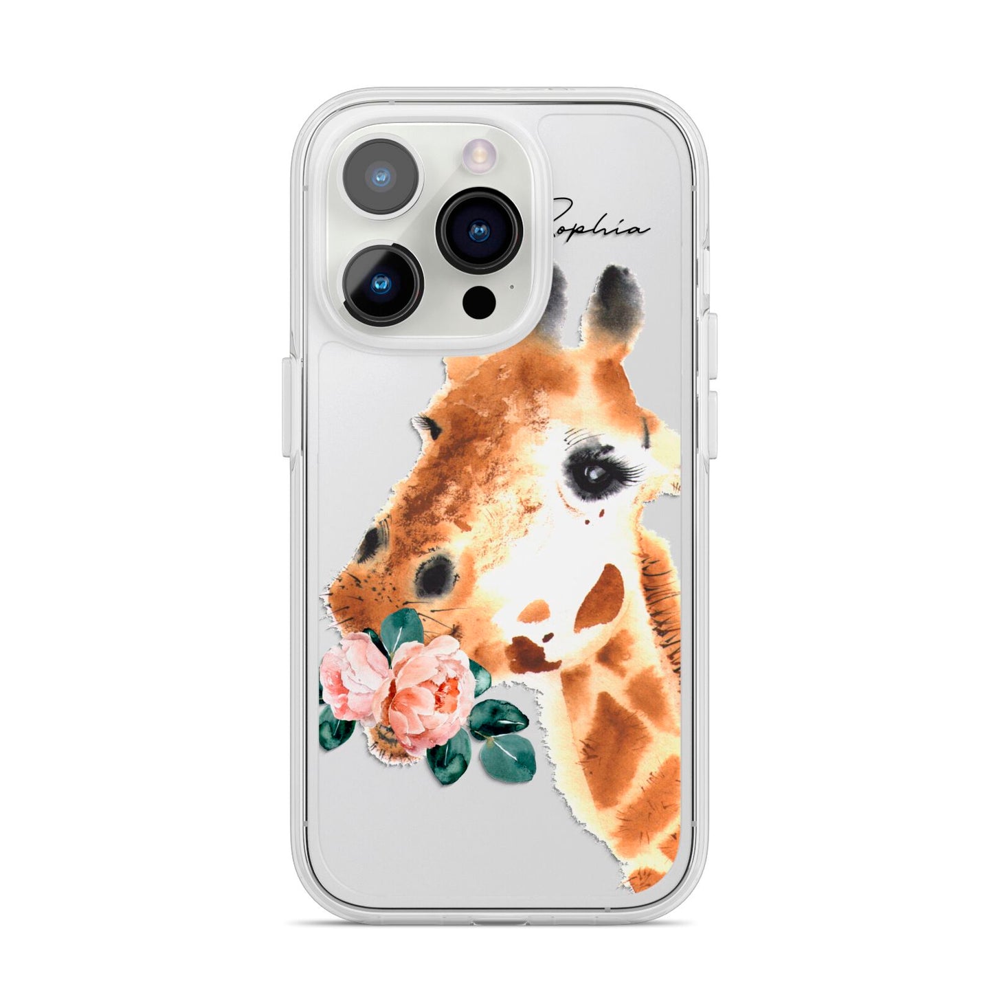 Personalised Giraffe Watercolour iPhone 14 Pro Clear Tough Case Silver