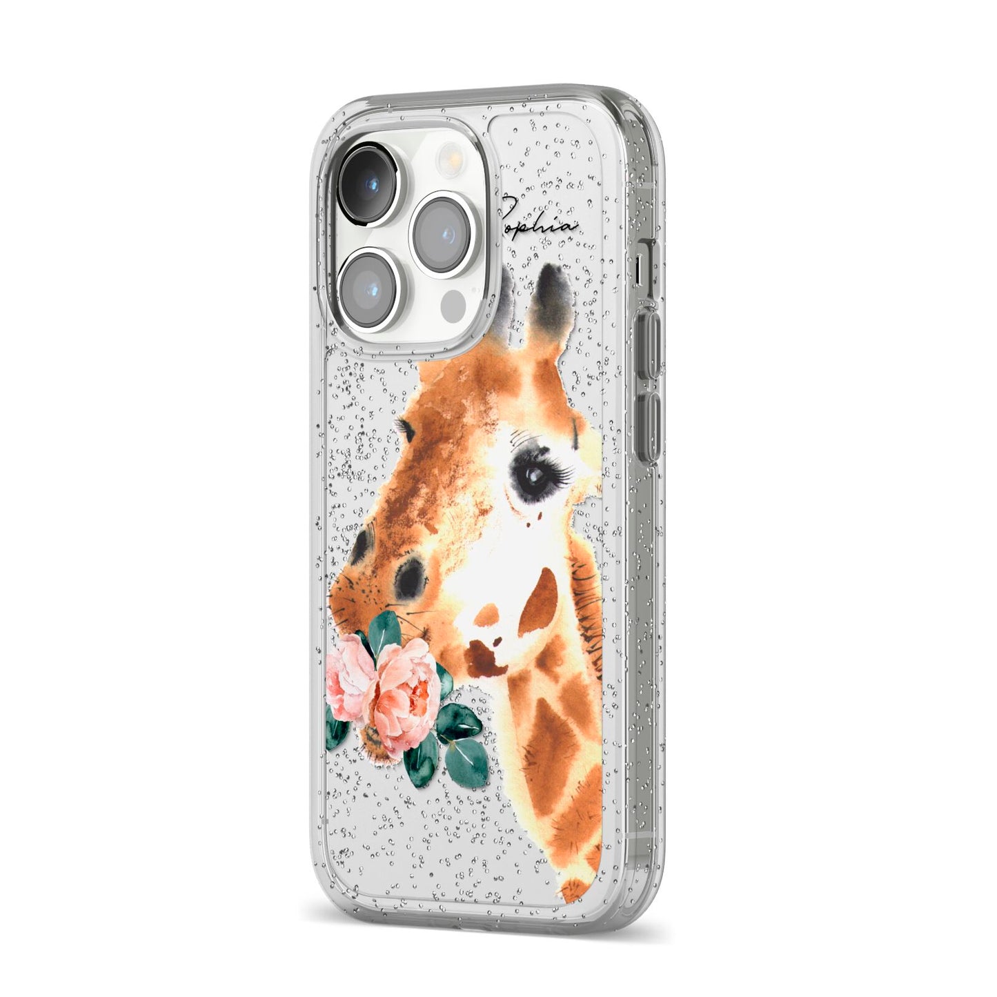 Personalised Giraffe Watercolour iPhone 14 Pro Glitter Tough Case Silver Angled Image