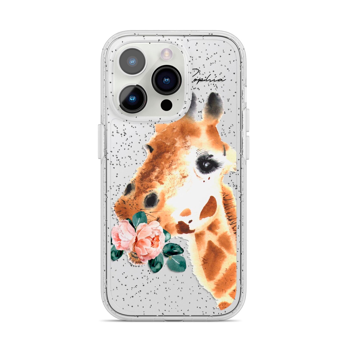 Personalised Giraffe Watercolour iPhone 14 Pro Glitter Tough Case Silver