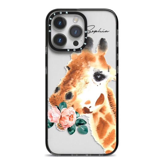 Personalised Giraffe Watercolour iPhone 14 Pro Max Black Impact Case on Silver phone
