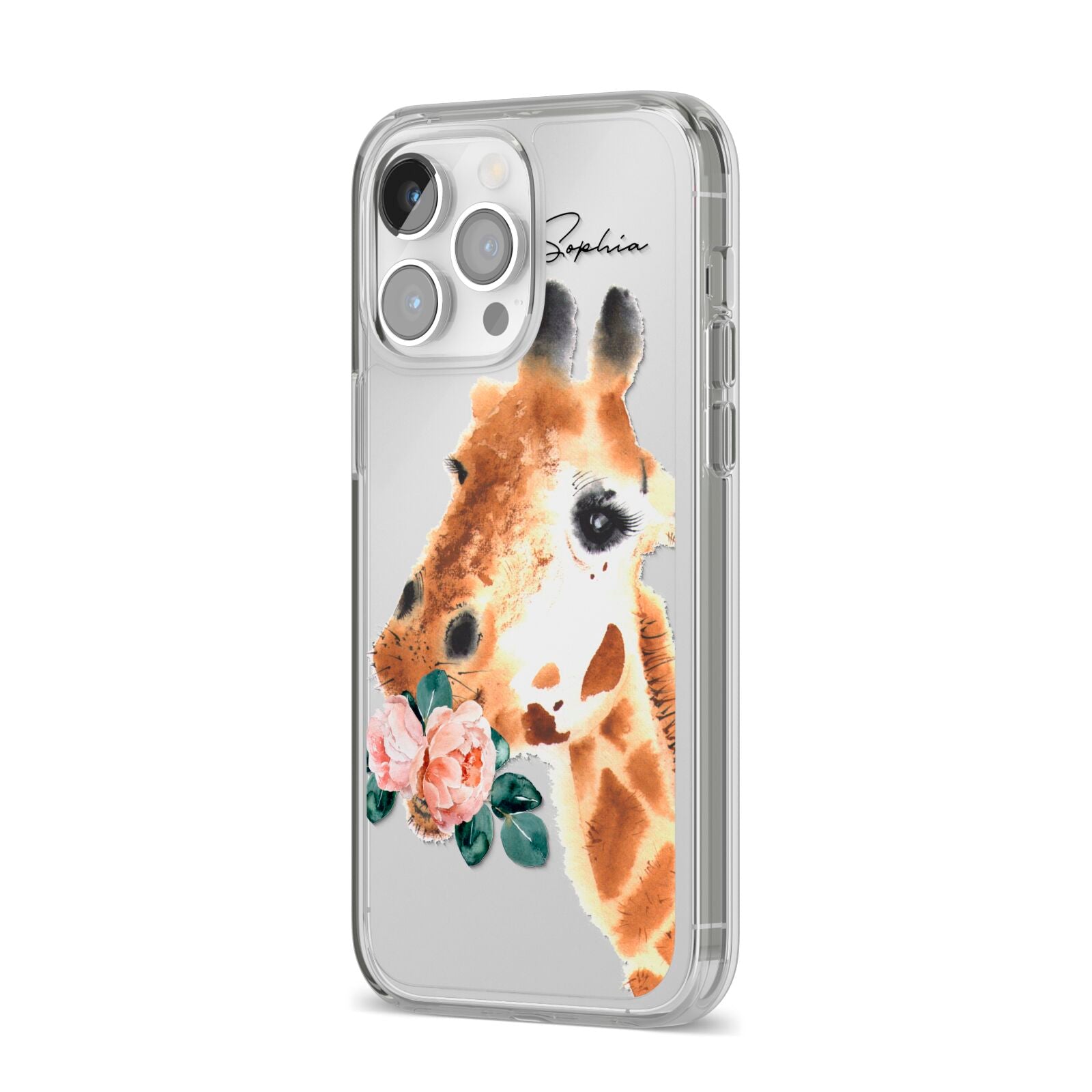 Personalised Giraffe Watercolour iPhone 14 Pro Max Clear Tough Case Silver Angled Image