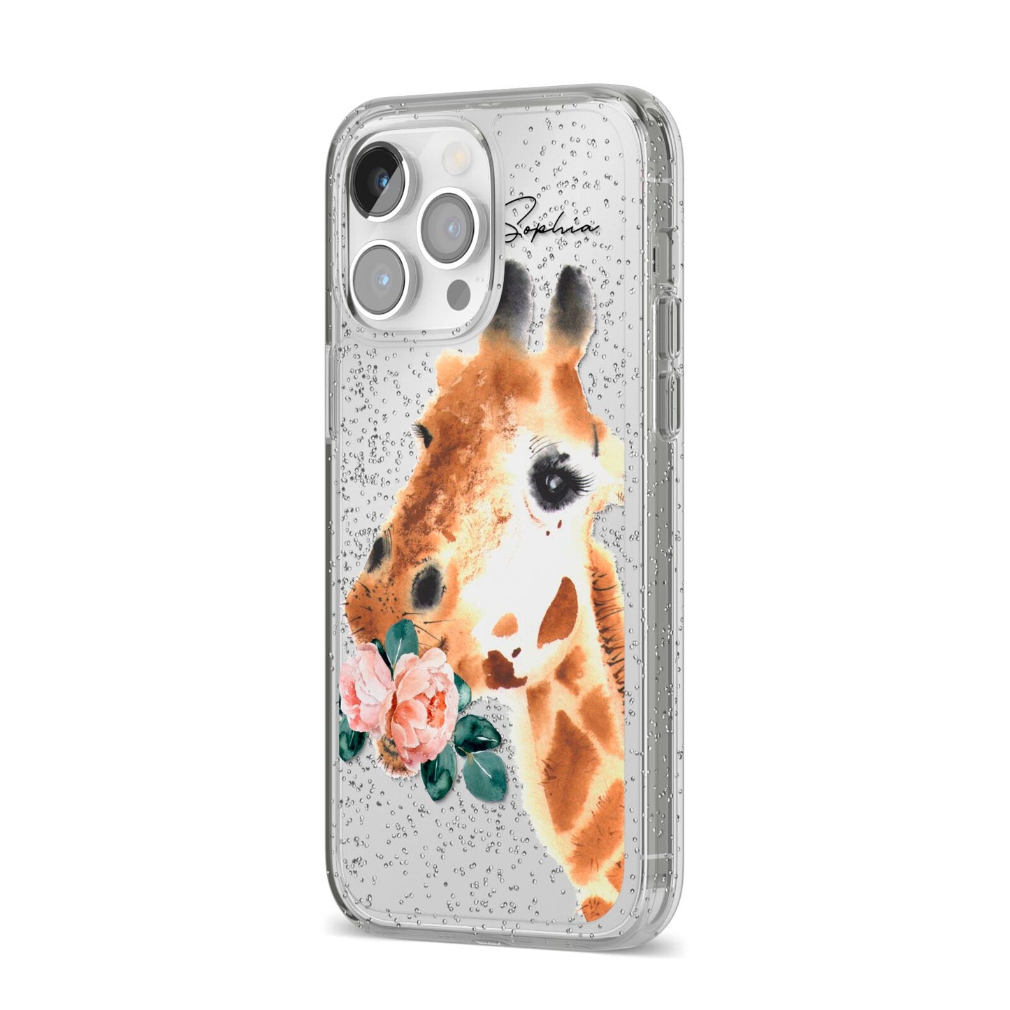 Personalised Giraffe Watercolour iPhone 14 Pro Max Glitter Tough Case Silver Angled Image
