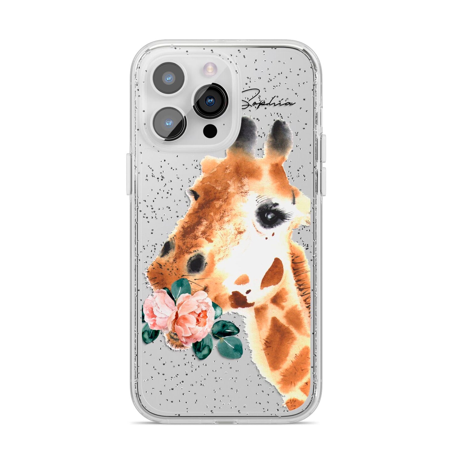Personalised Giraffe Watercolour iPhone 14 Pro Max Glitter Tough Case Silver