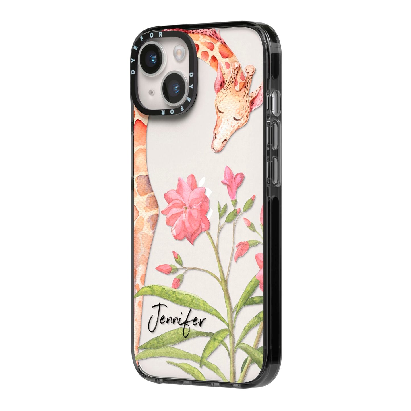 Personalised Giraffe iPhone 14 Black Impact Case Side Angle on Silver phone