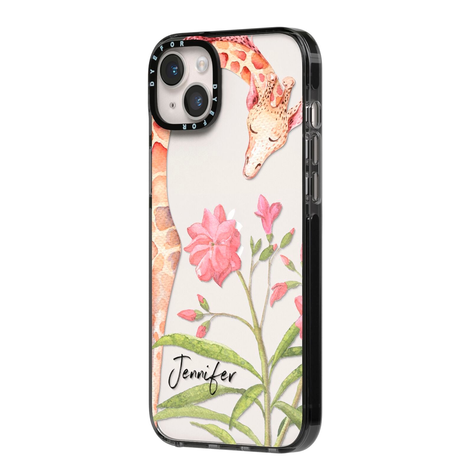 Personalised Giraffe iPhone 14 Plus Black Impact Case Side Angle on Silver phone