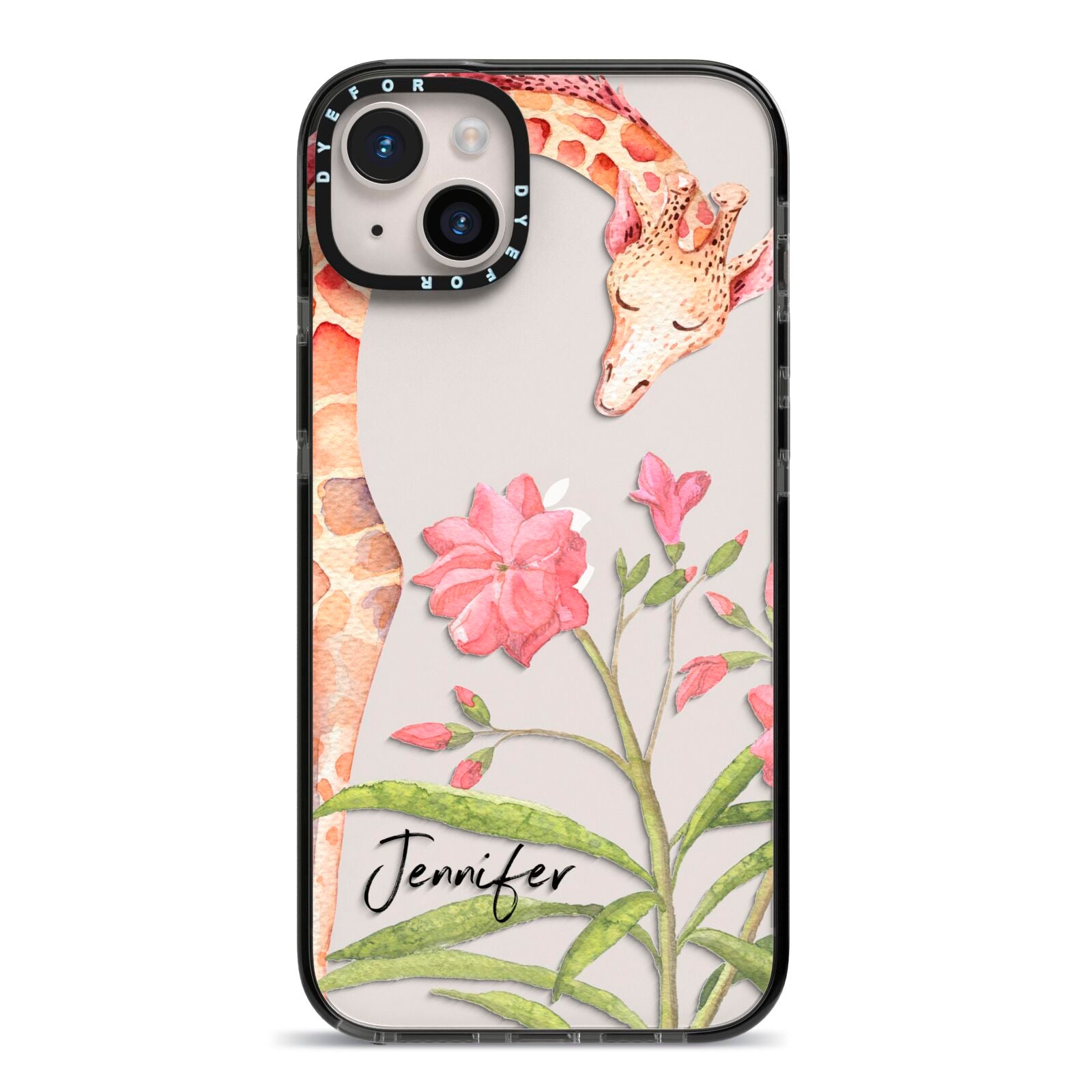 Personalised Giraffe iPhone 14 Plus Black Impact Case on Silver phone