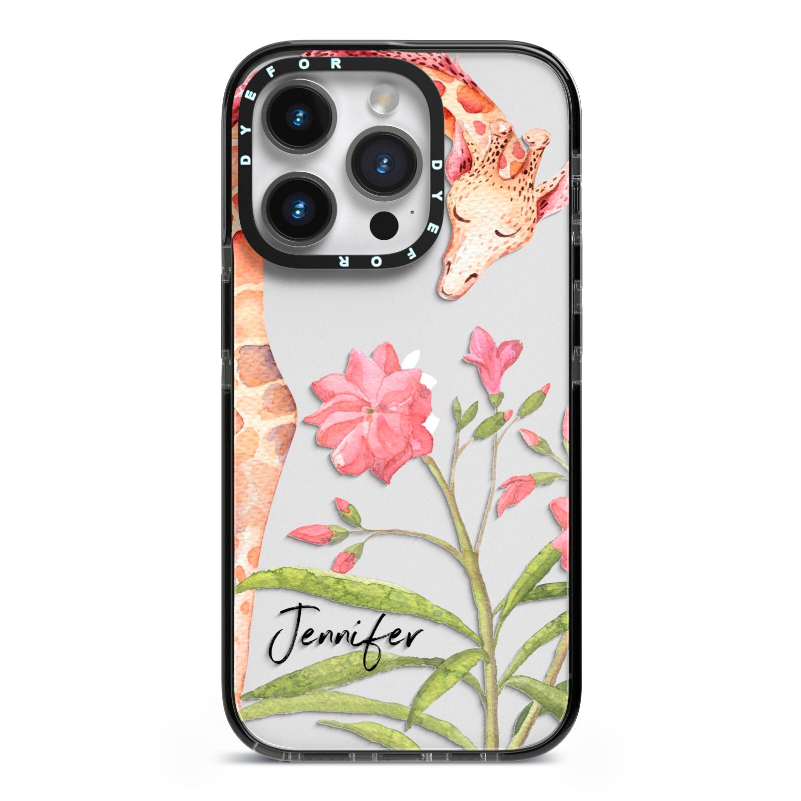 Personalised Giraffe iPhone 14 Pro Black Impact Case on Silver phone