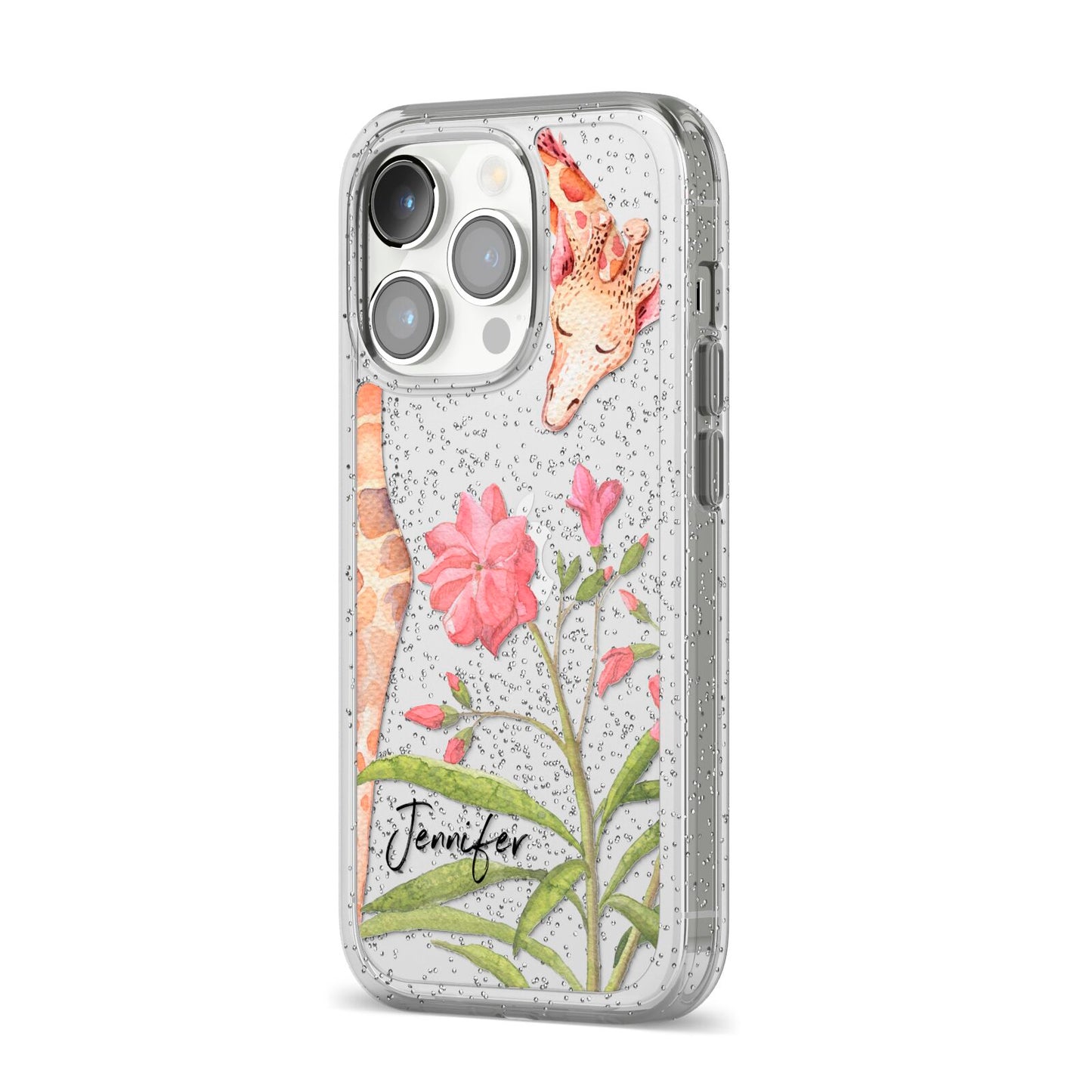 Personalised Giraffe iPhone 14 Pro Glitter Tough Case Silver Angled Image