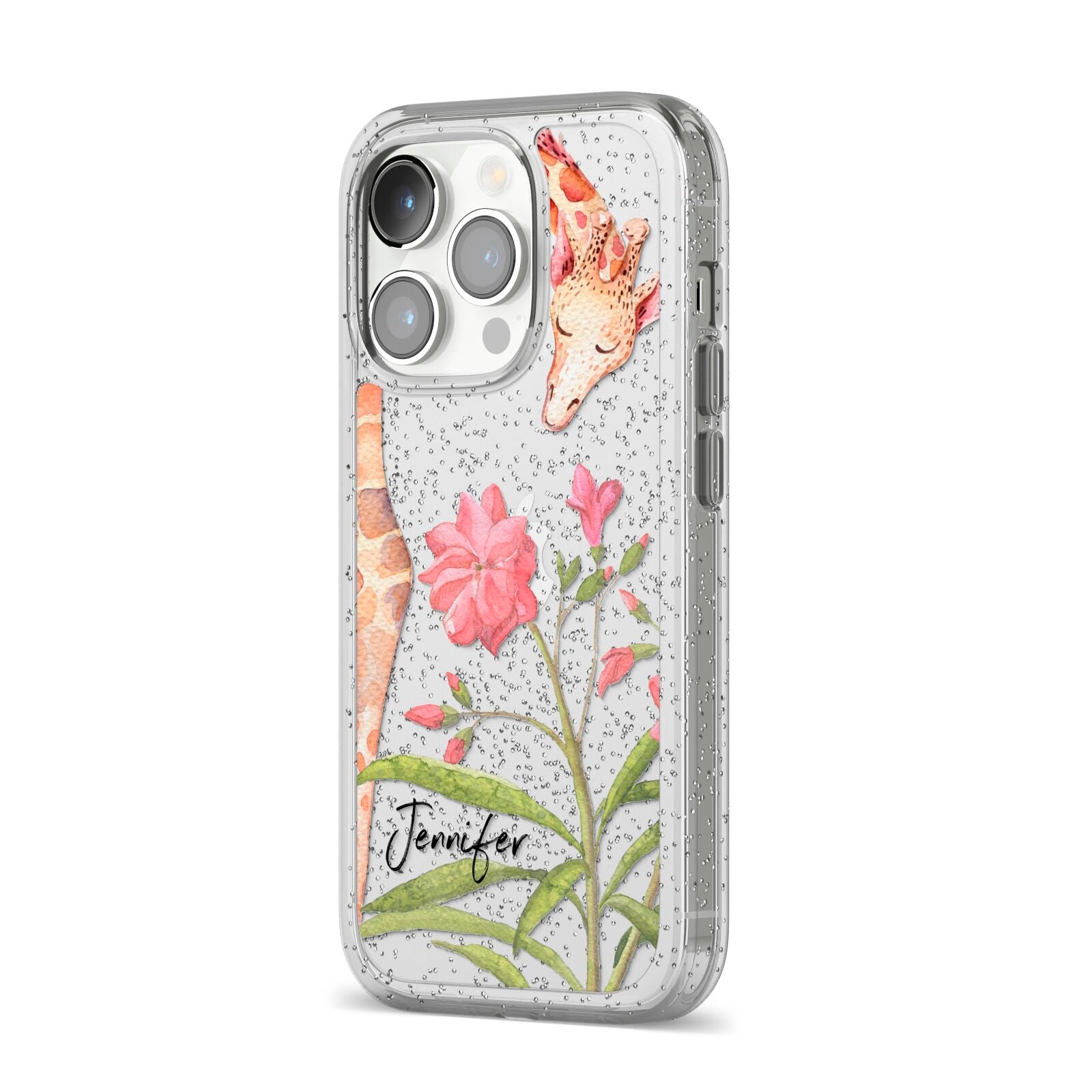 Personalised Giraffe iPhone 14 Pro Glitter Tough Case Silver Angled Image