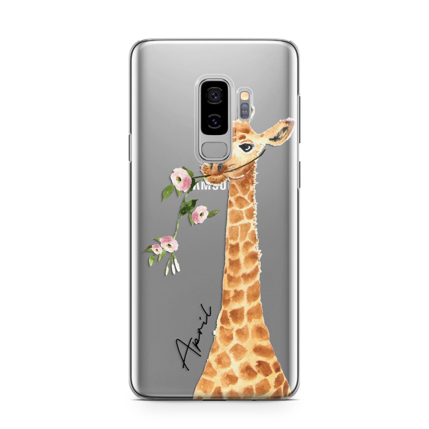 Personalised Giraffe with Name Samsung Galaxy S9 Plus Case on Silver phone