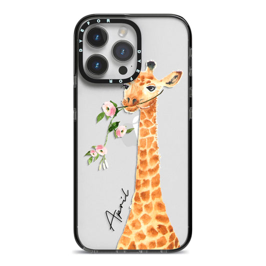 Personalised Giraffe with Name iPhone 14 Pro Max Black Impact Case on Silver phone