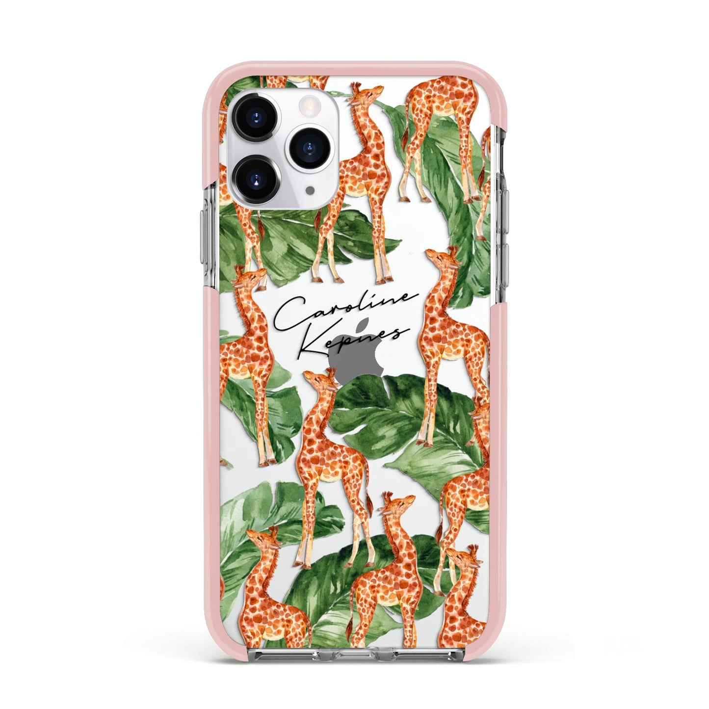 Personalised Giraffes Apple iPhone 11 Pro in Silver with Pink Impact Case